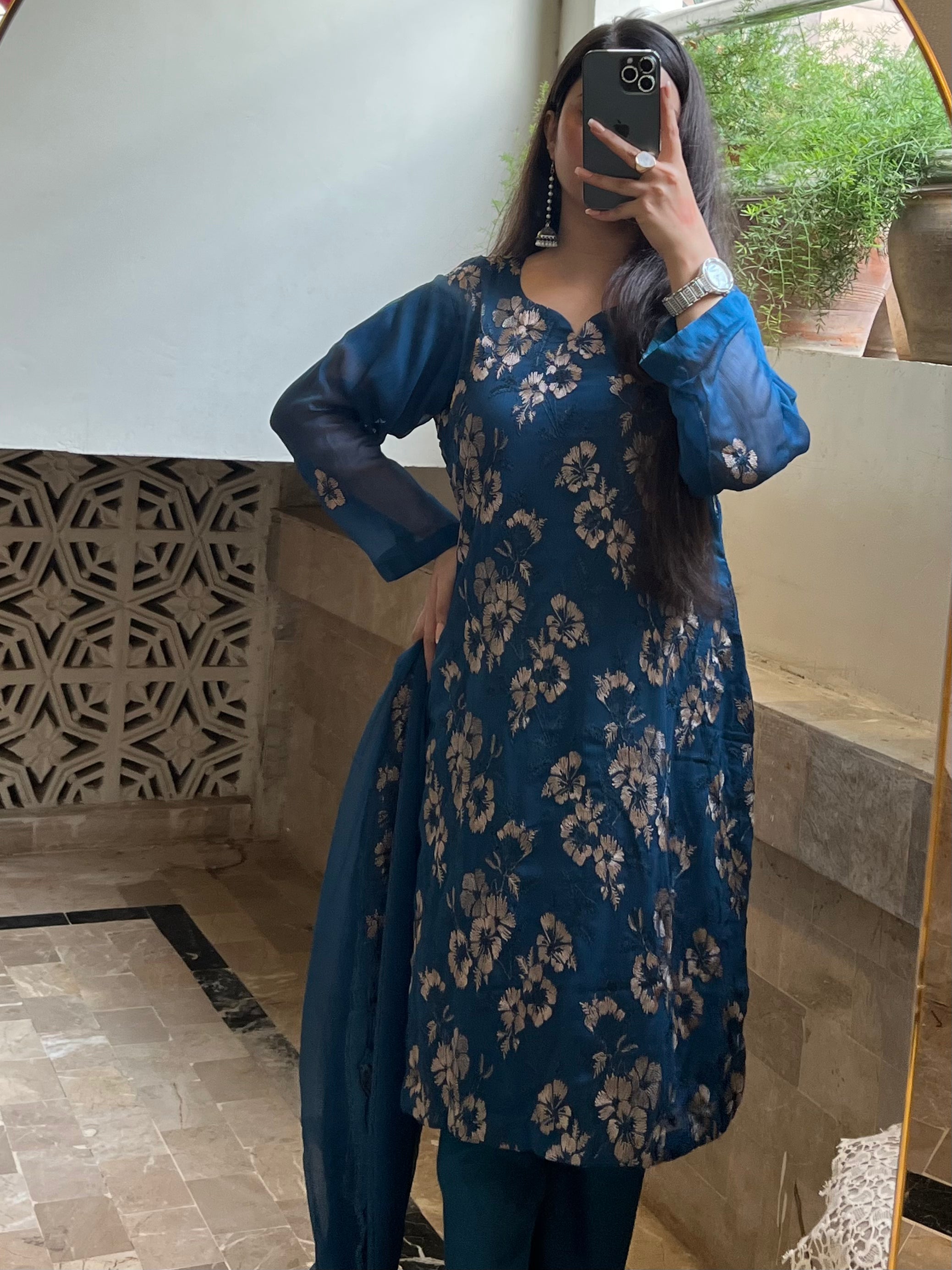 Neelam : Teal Blue Floral Jacquard Three-Piece Suit