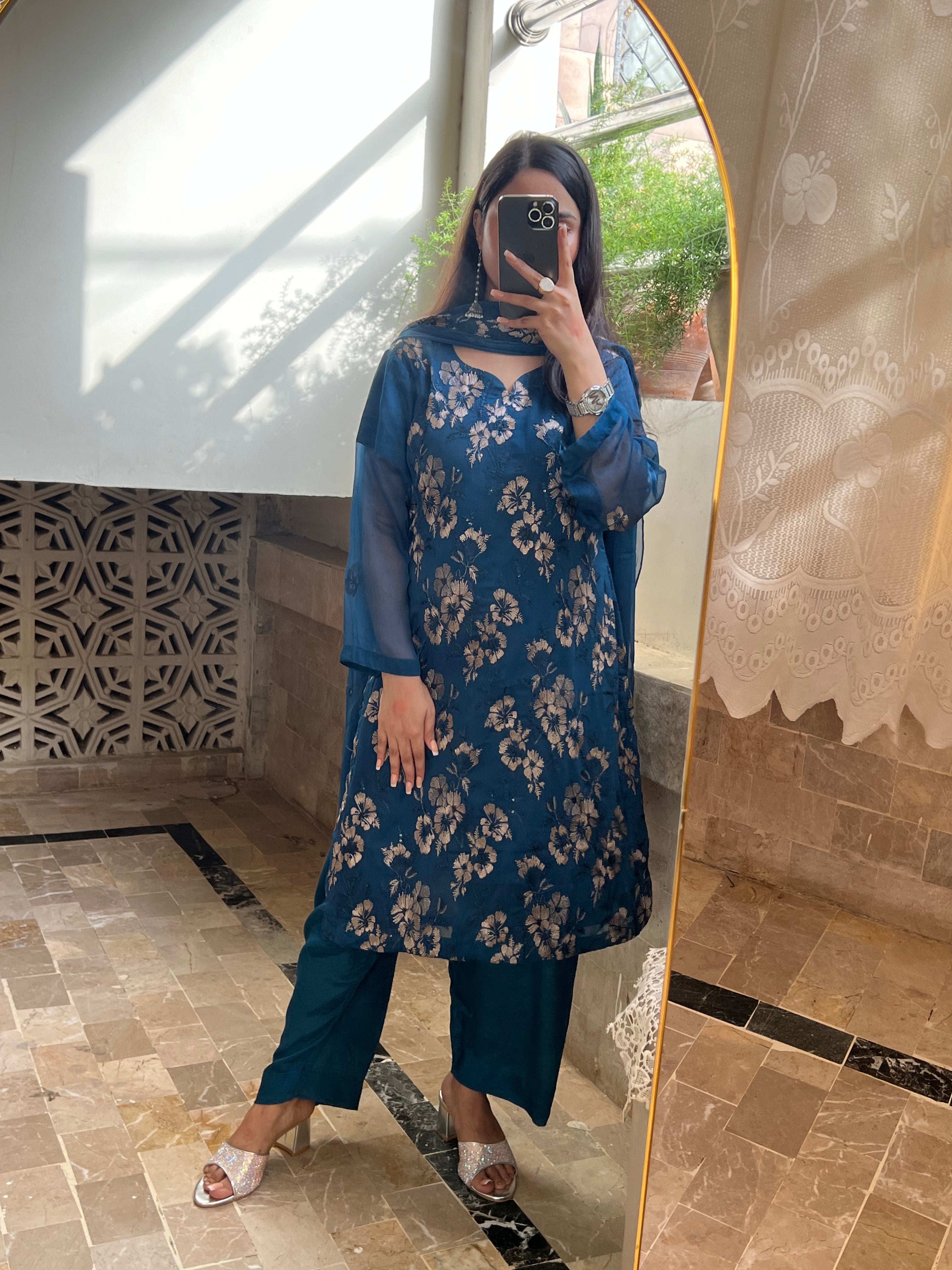 Neelam : Teal Blue Floral Jacquard Three-Piece Suit