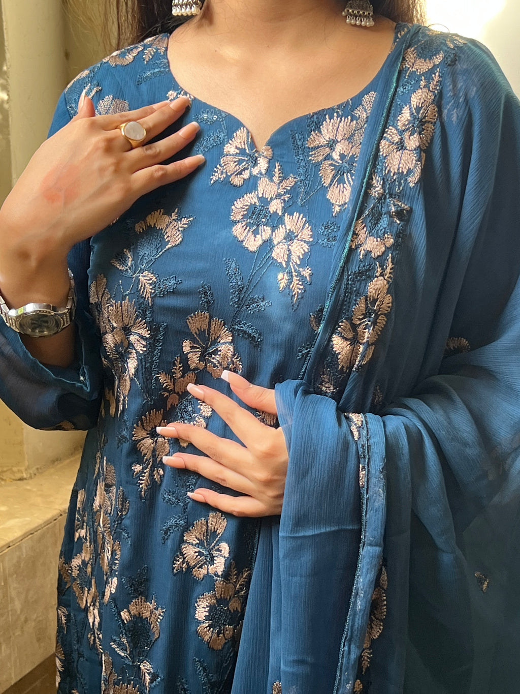 Neelam : Teal Blue Floral Jacquard Three-Piece Suit