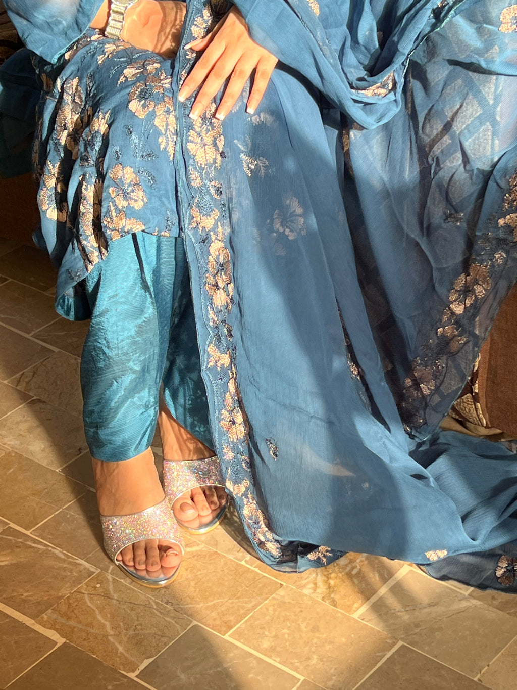 Neelam : Teal Blue Floral Jacquard Three-Piece Suit