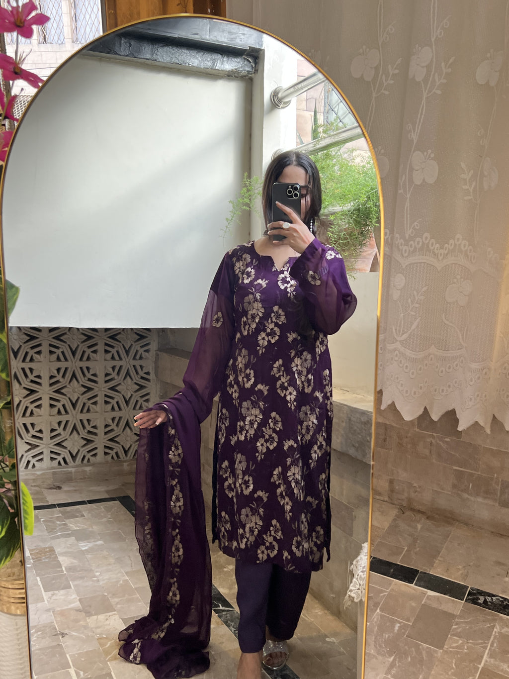 Maheen : Plum Purple Floral Embroidered Three-Piece Suit
