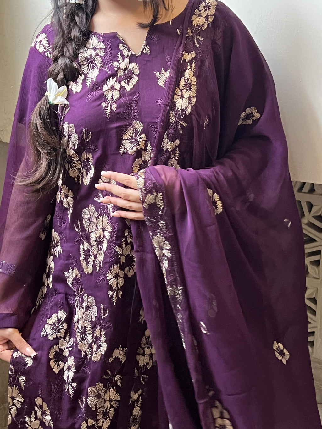 Maheen : Plum Purple Floral Embroidered Three-Piece Suit