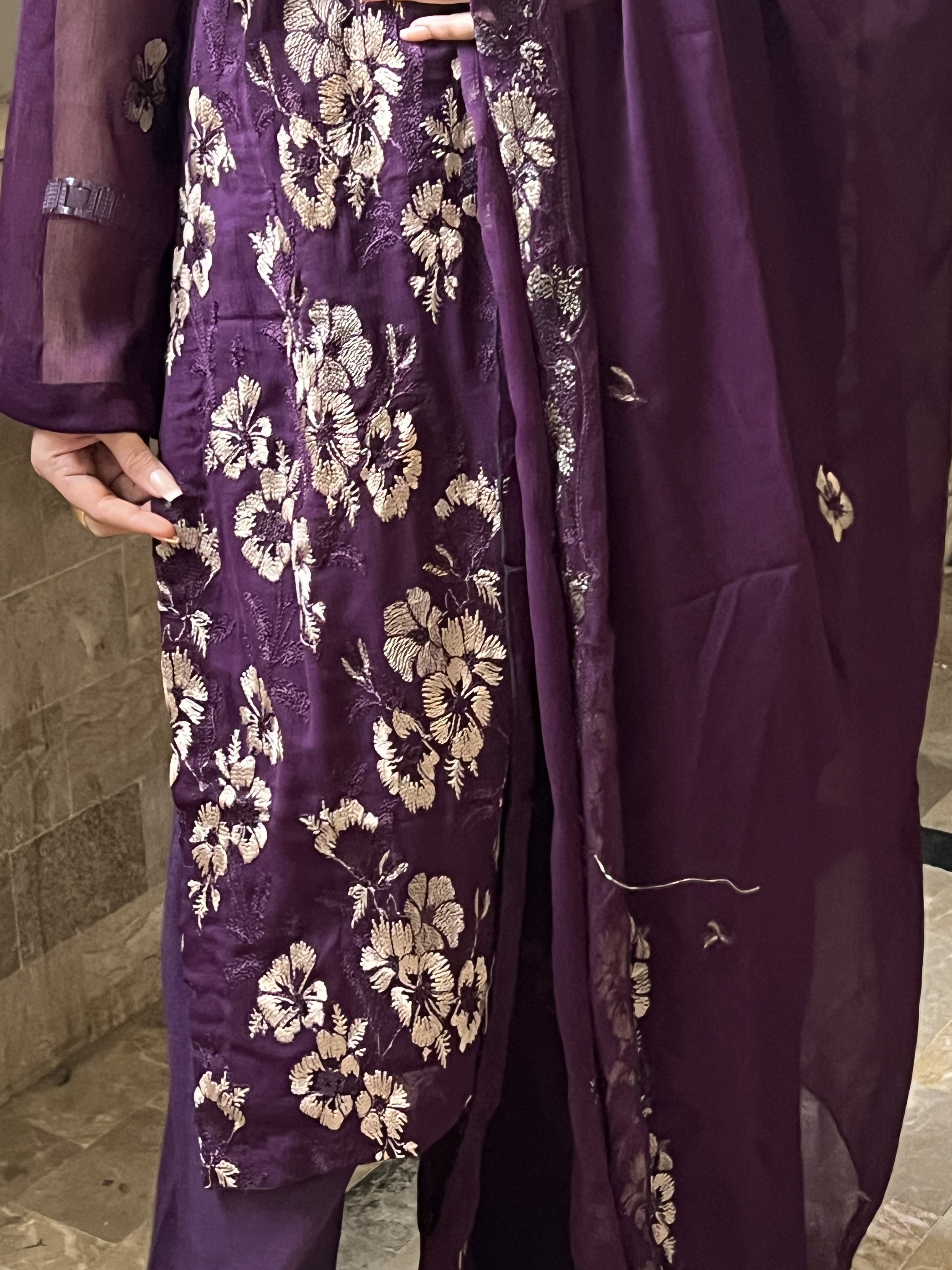 Maheen : Plum Purple Floral Embroidered Three-Piece Suit