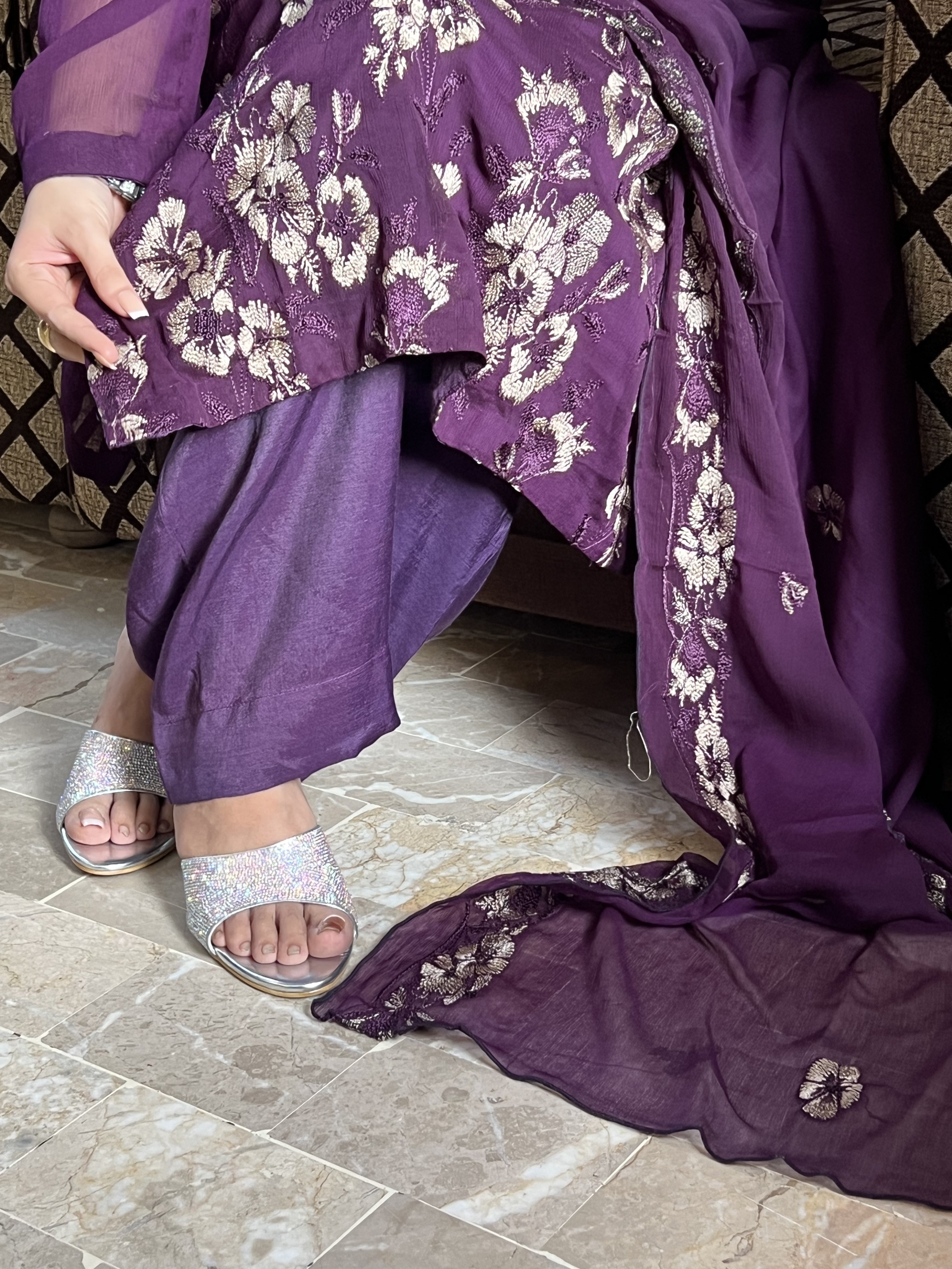 Maheen : Plum Purple Floral Embroidered Three-Piece Suit