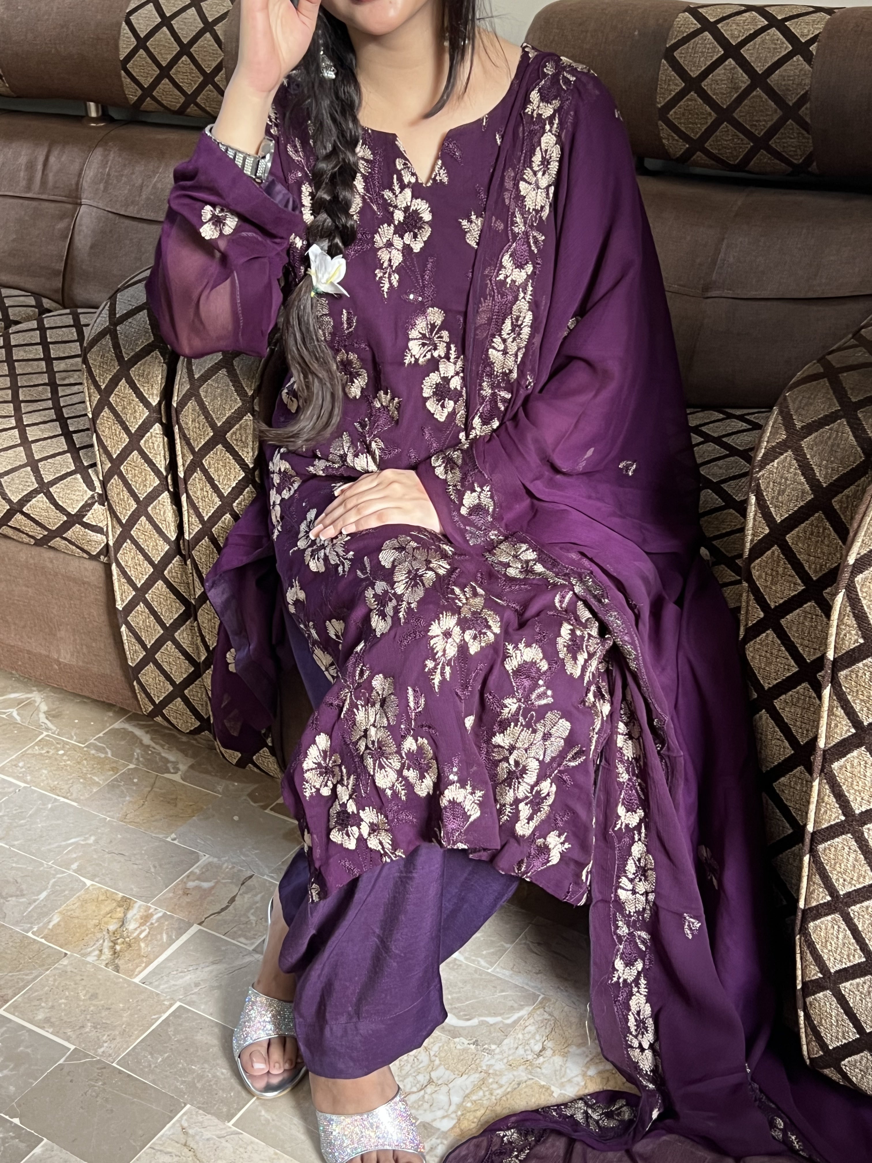 Maheen : Plum Purple Floral Embroidered Three-Piece Suit