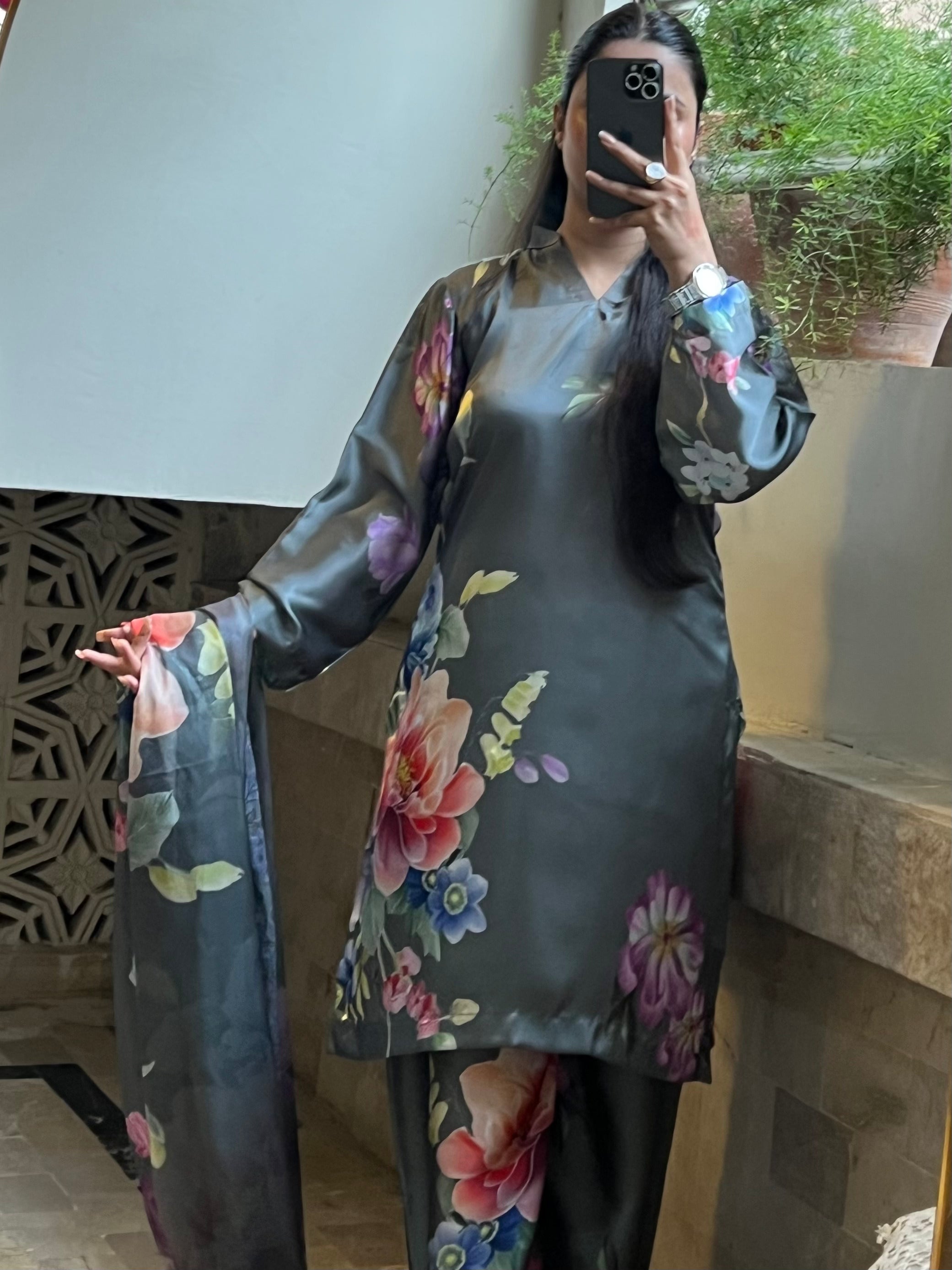 Raina : Charcoal Grey Floral Silk Three-Piece Suit