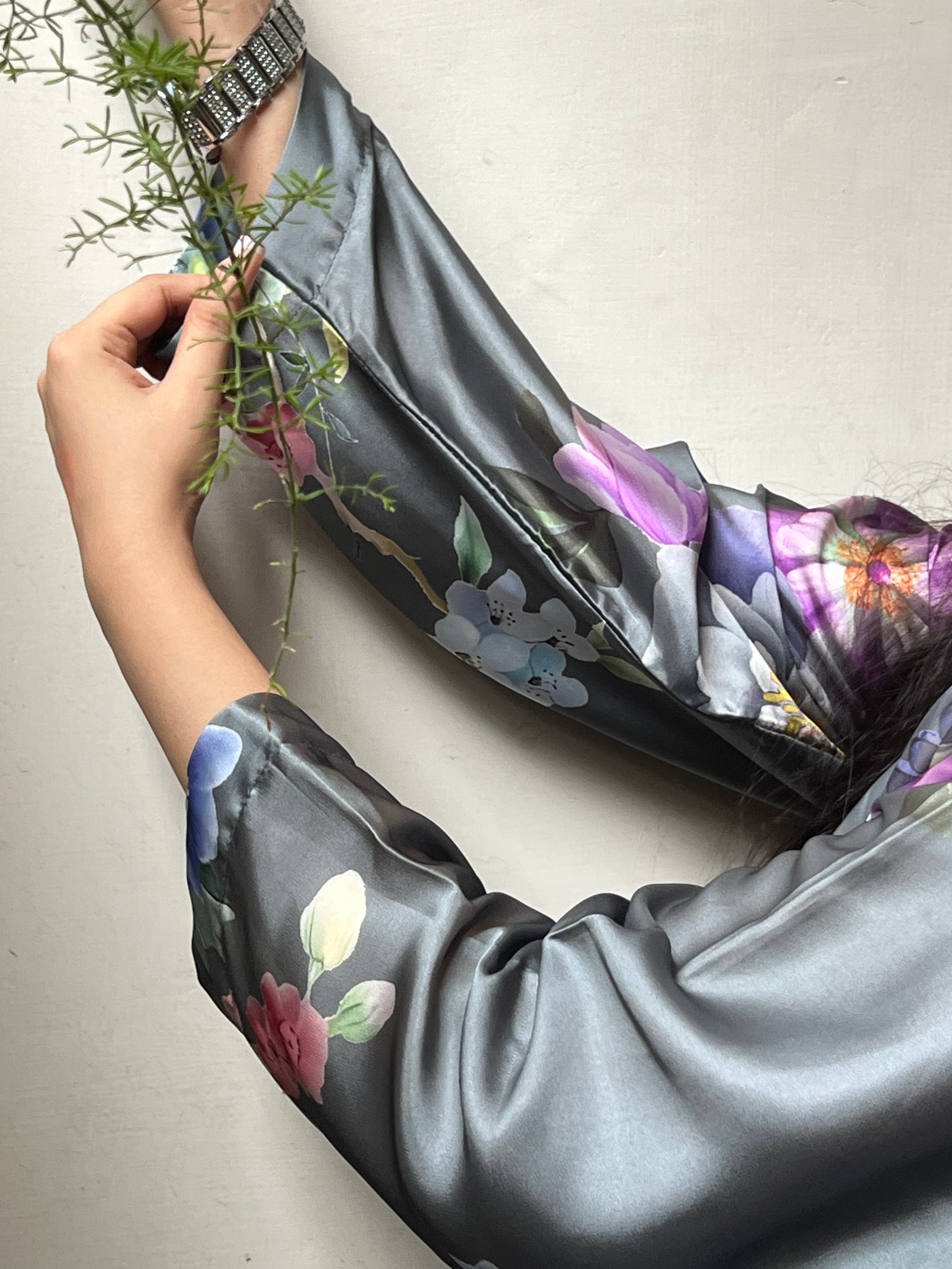 Raina : Charcoal Grey Floral Silk Three-Piece Suit
