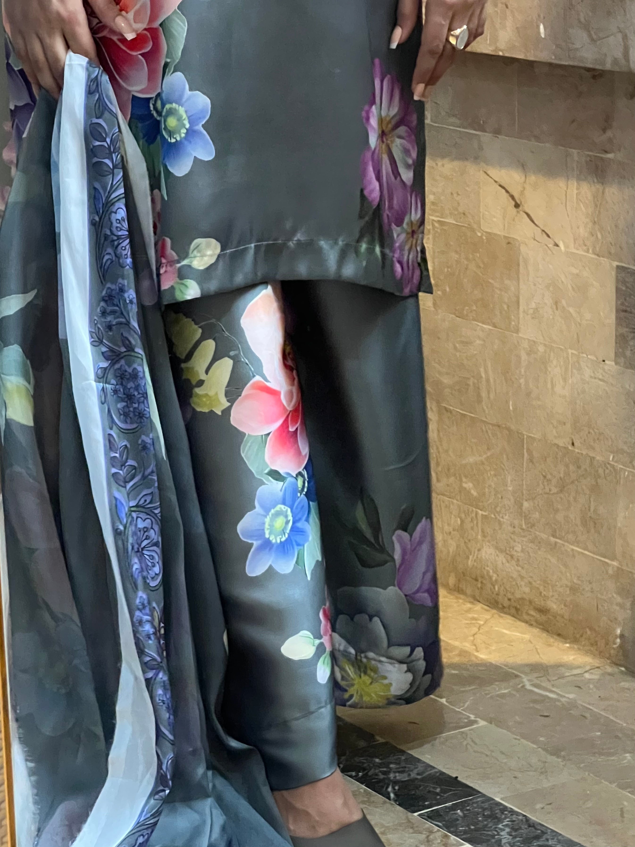 Raina : Charcoal Grey Floral Silk Three-Piece Suit
