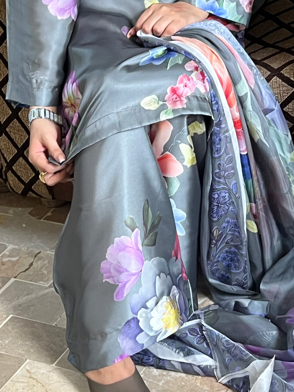 Raina : Charcoal Grey Floral Silk Three-Piece Suit