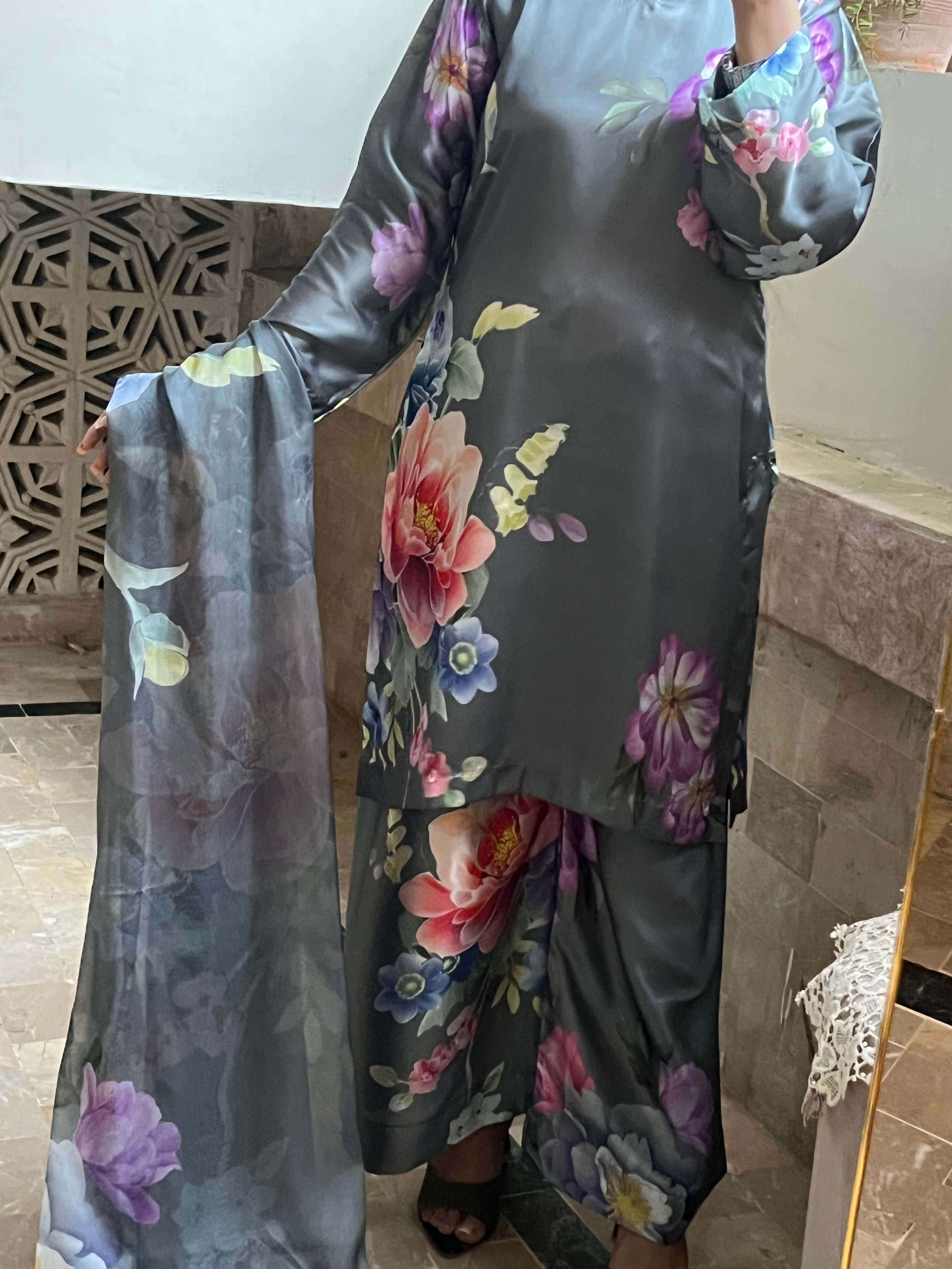Raina : Charcoal Grey Floral Silk Three-Piece Suit