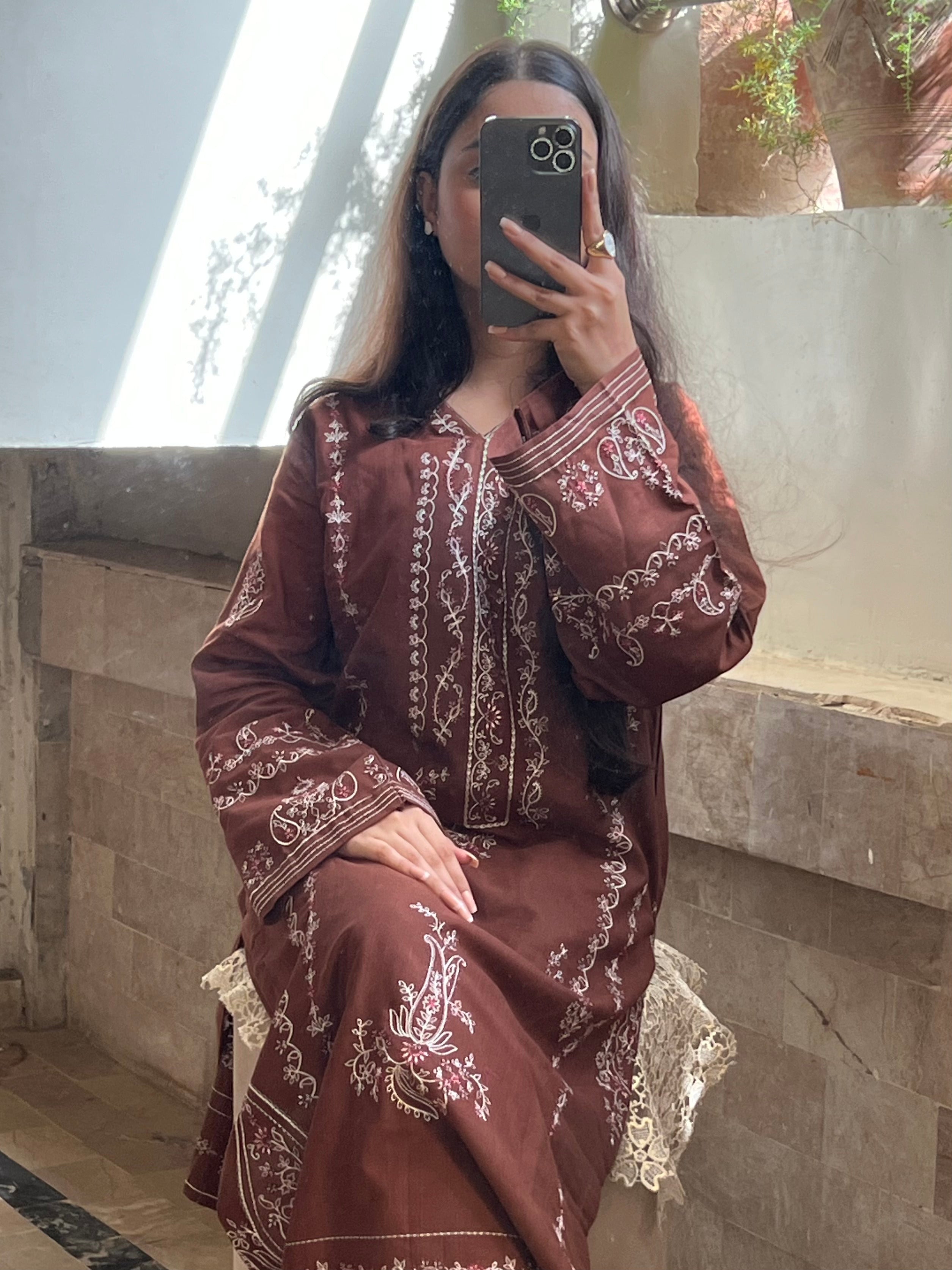 Meher : Mocha Brown Embroidered Three-Piece Suit