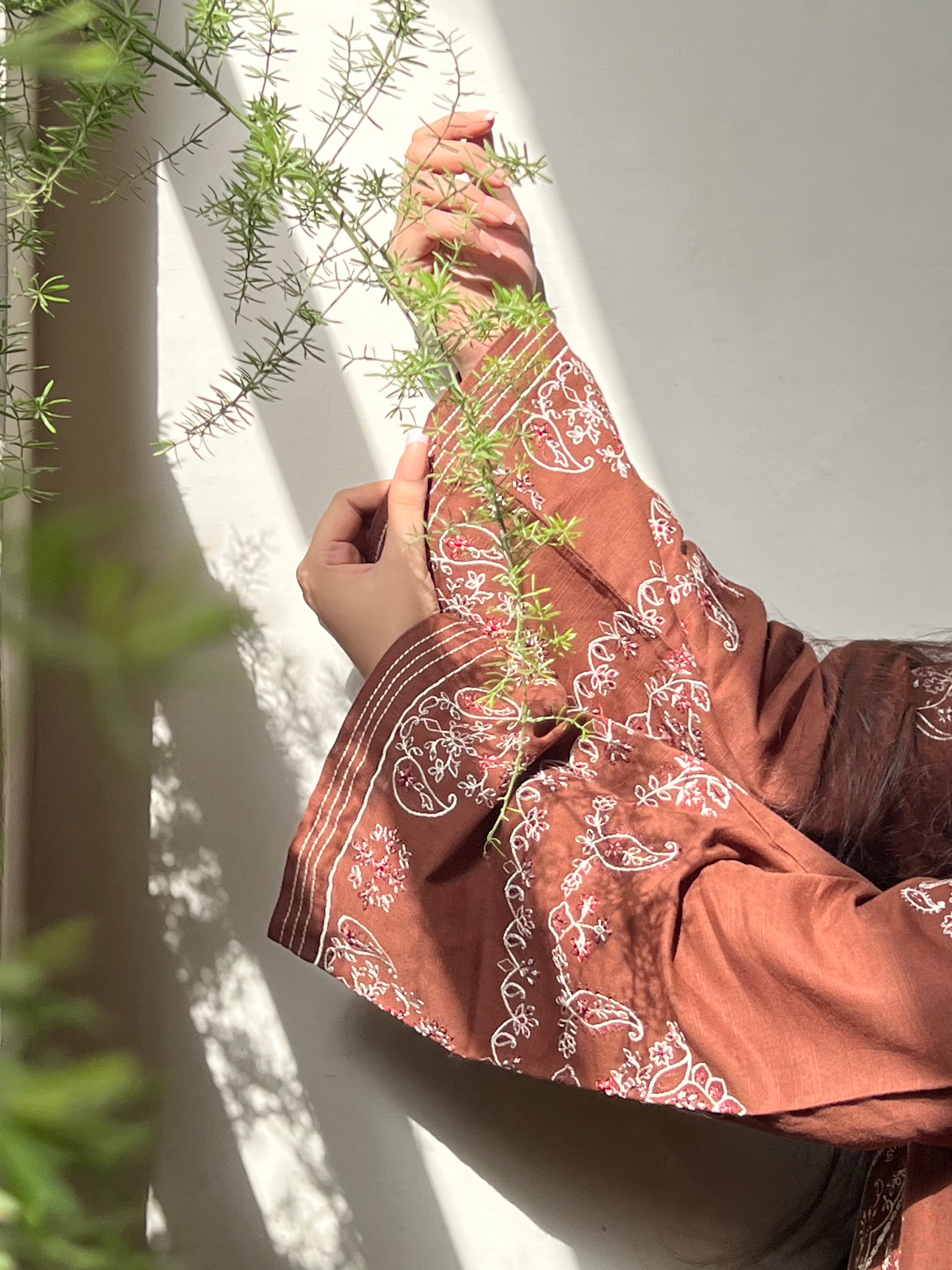 Meher : Mocha Brown Embroidered Three-Piece Suit