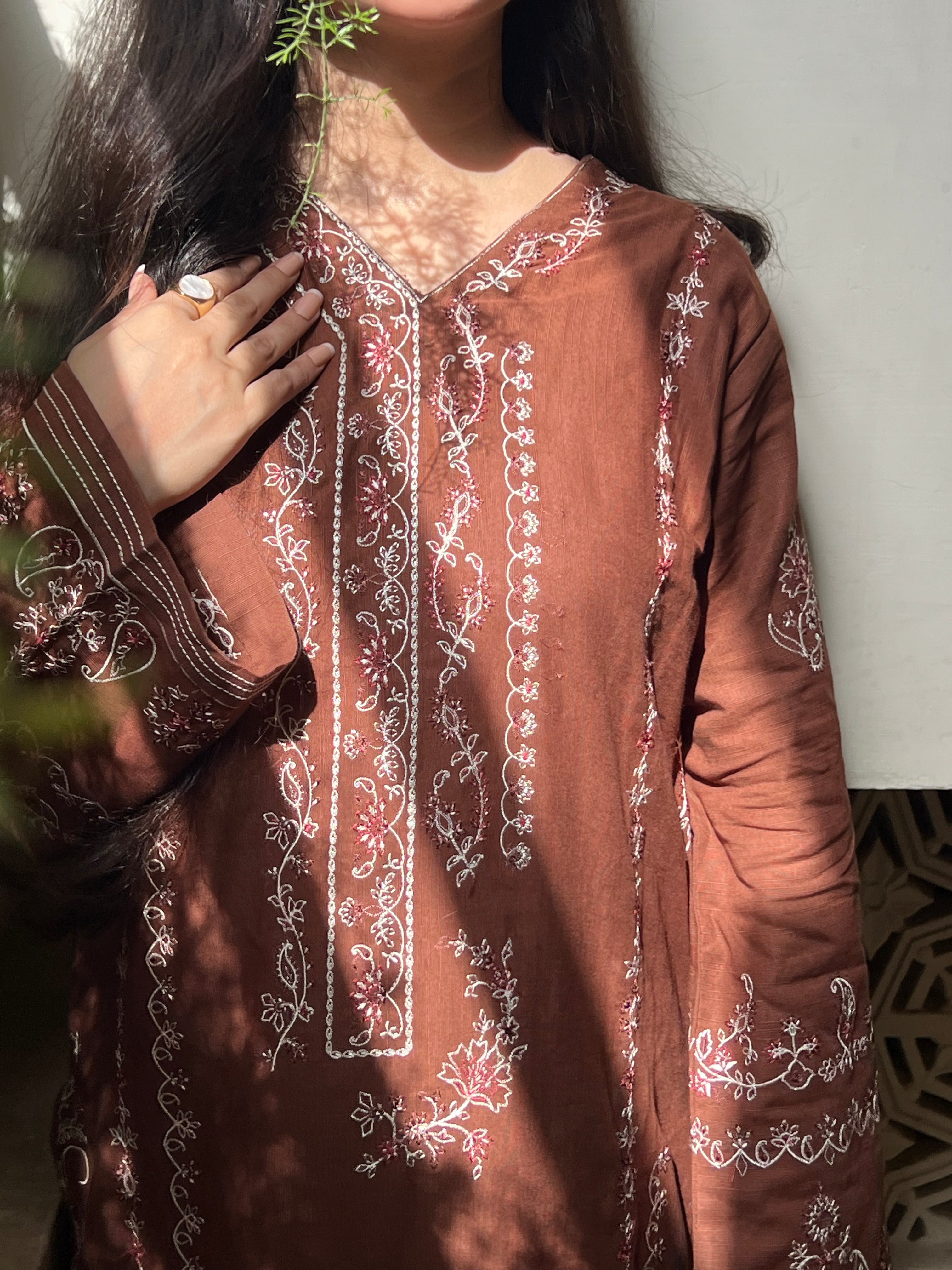 Meher : Mocha Brown Embroidered Three-Piece Suit
