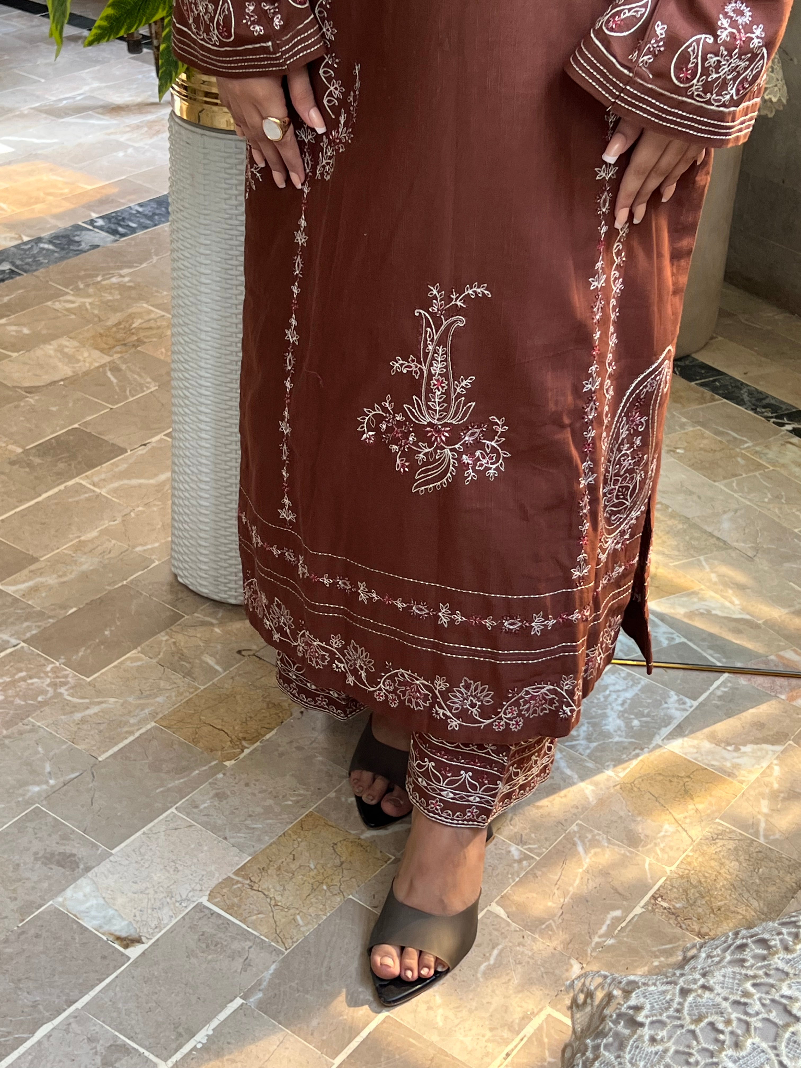 Meher : Mocha Brown Embroidered Three-Piece Suit