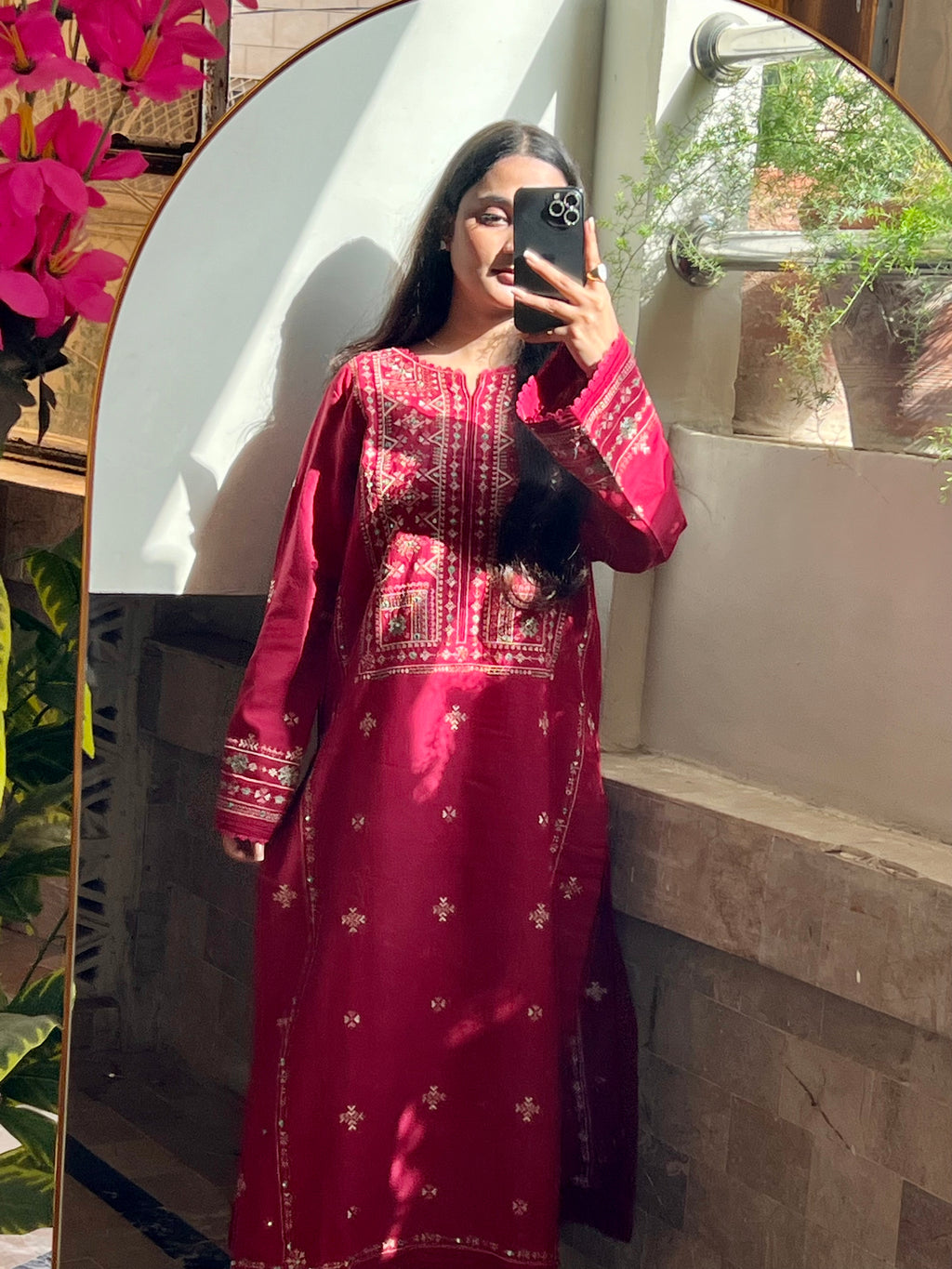 Mehrun : Deep Crimson Embroidered Three-Piece Suit
