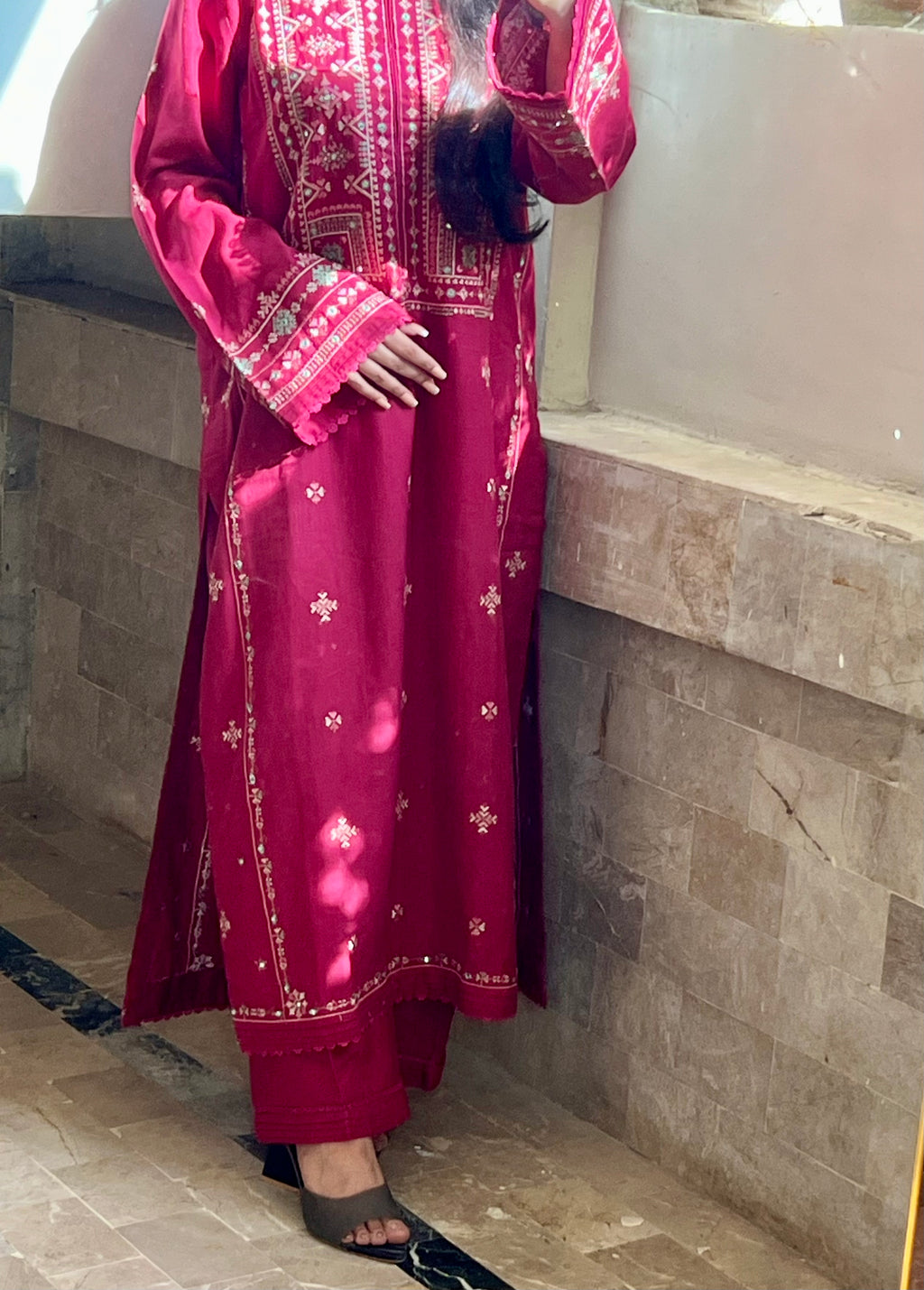 Mehrun : Deep Crimson Embroidered Three-Piece Suit