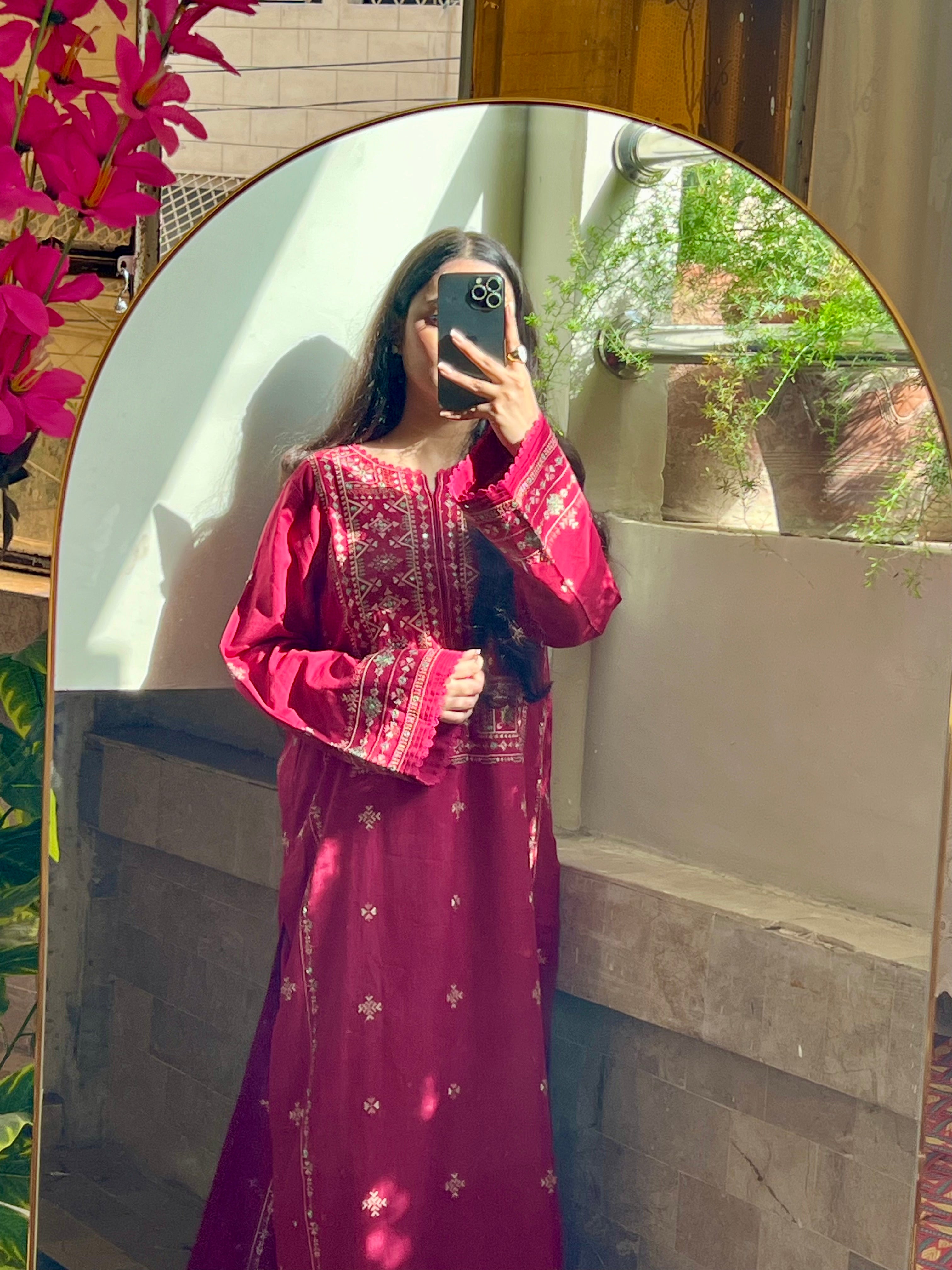 Mehrun : Deep Crimson Embroidered Three-Piece Suit