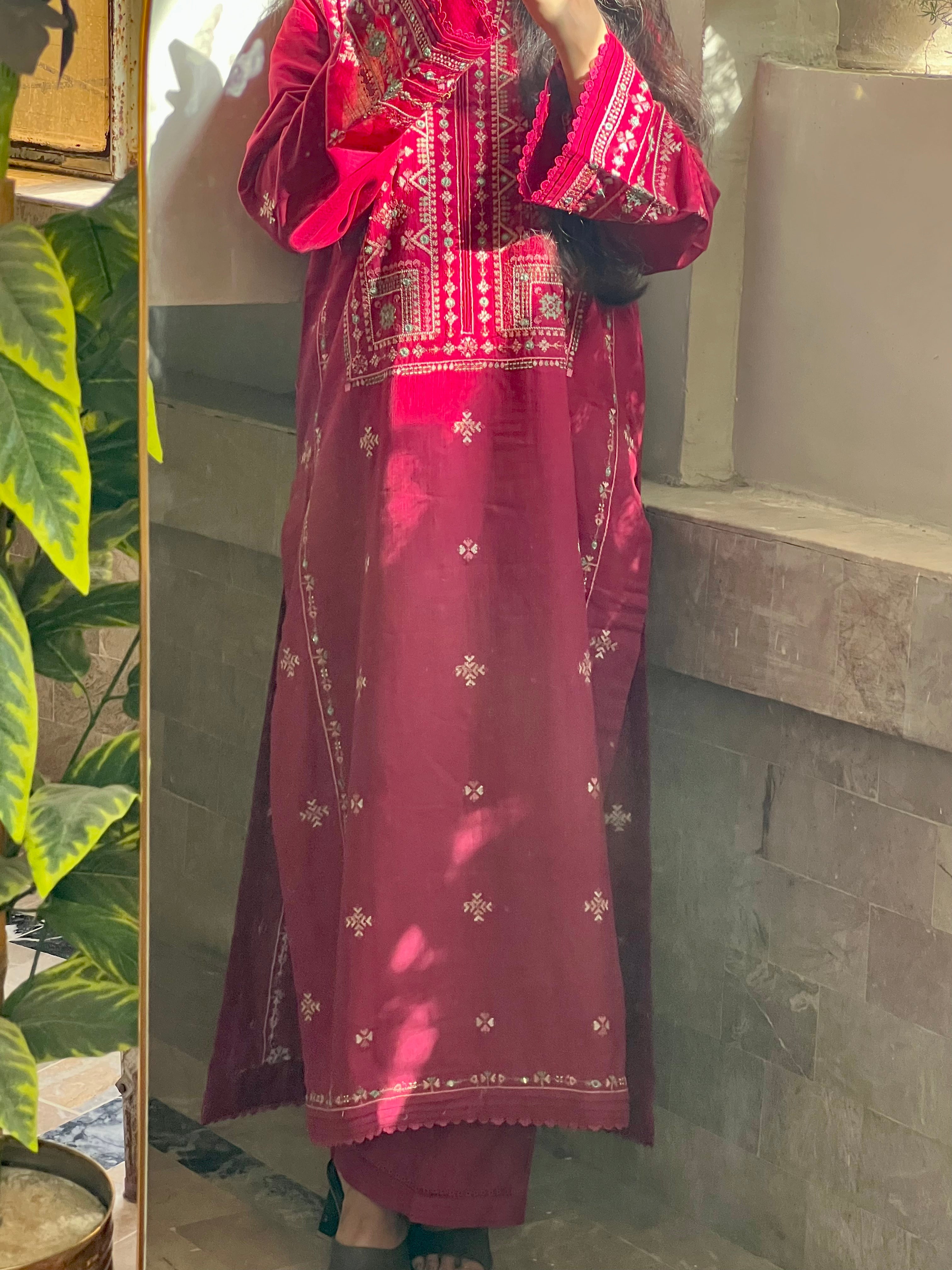 Mehrun : Deep Crimson Embroidered Three-Piece Suit