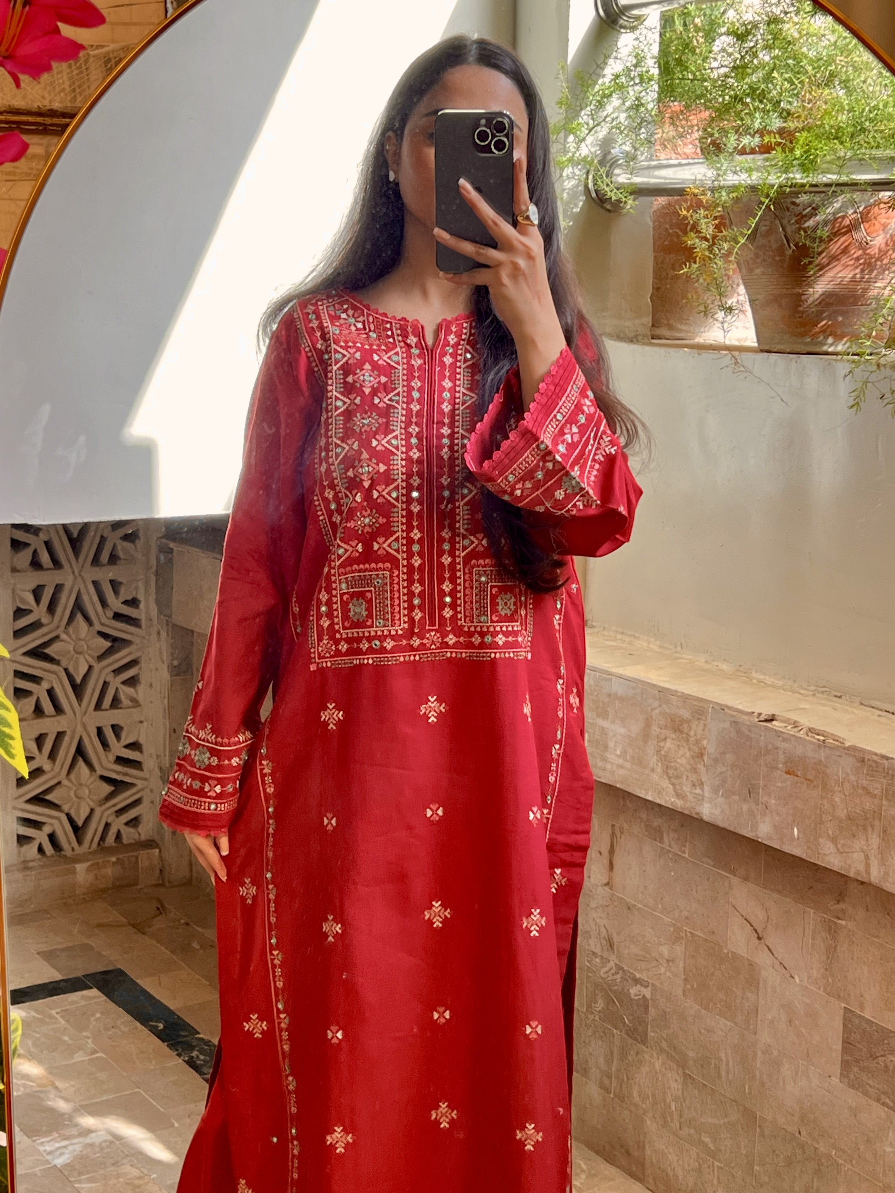 Anarkali: Deep Red Embroidered Three-Piece Suit