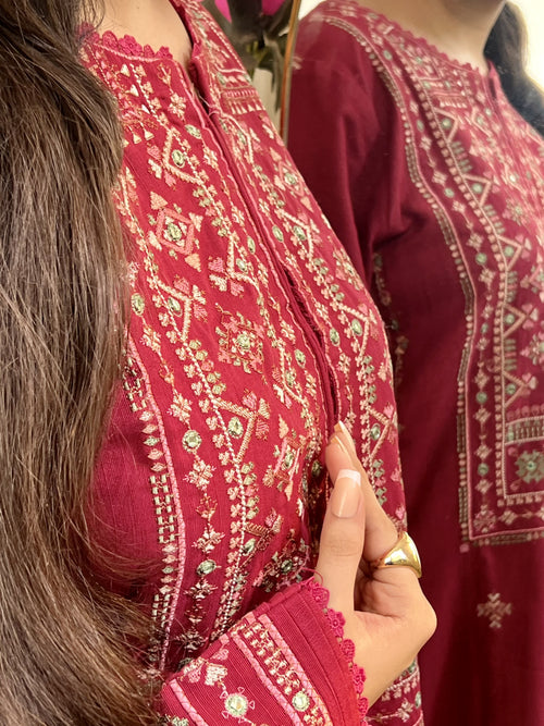 Anarkali: Deep Red Embroidered Three-Piece Suit