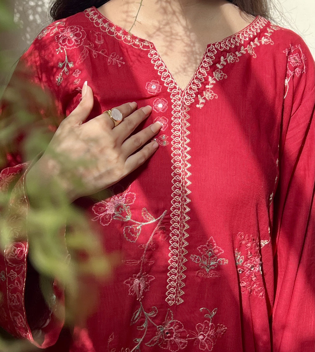 Anarkali: Deep Red Embroidered Three-Piece Suit
