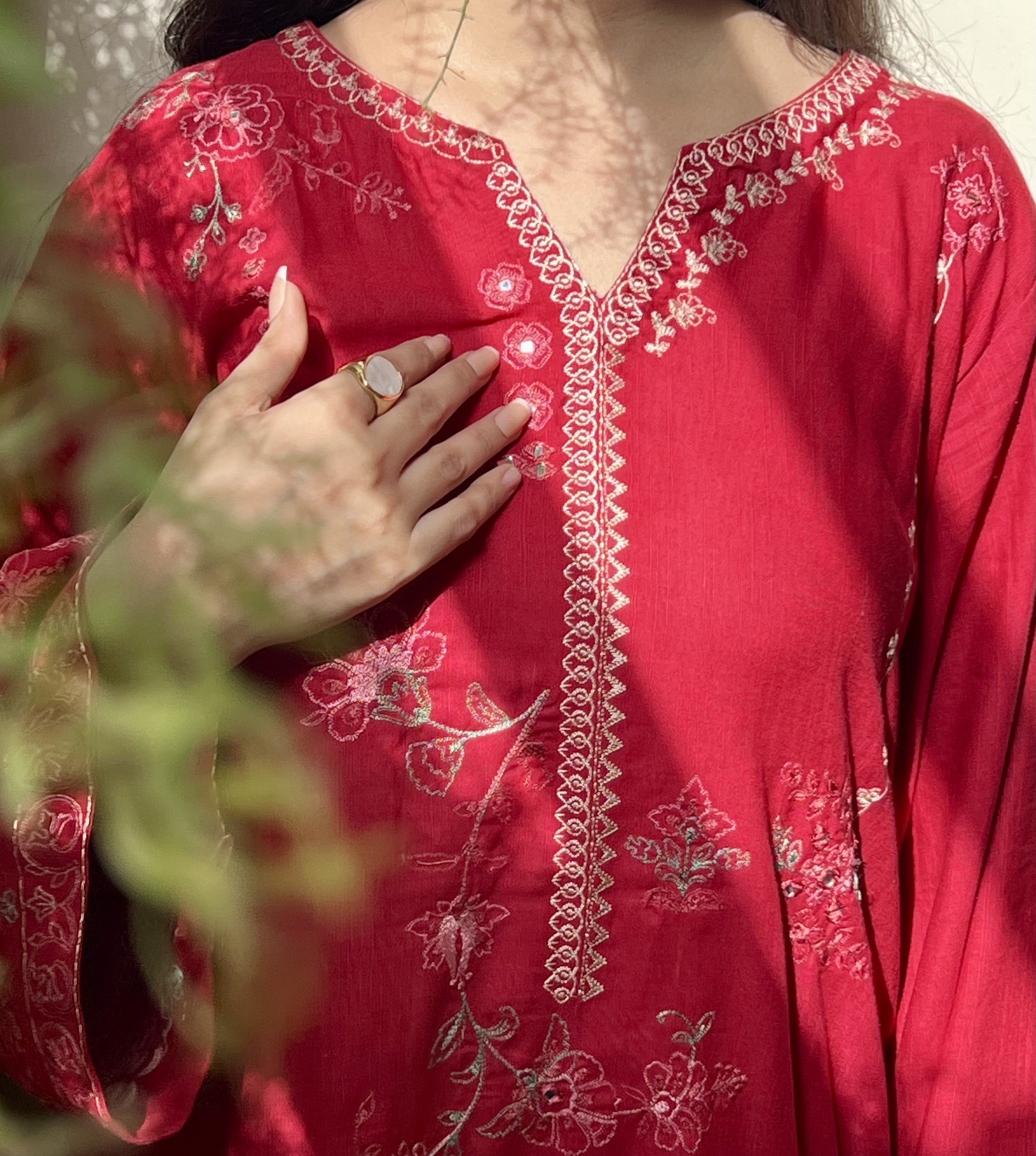 Anarkali: Deep Red Embroidered Three-Piece Suit