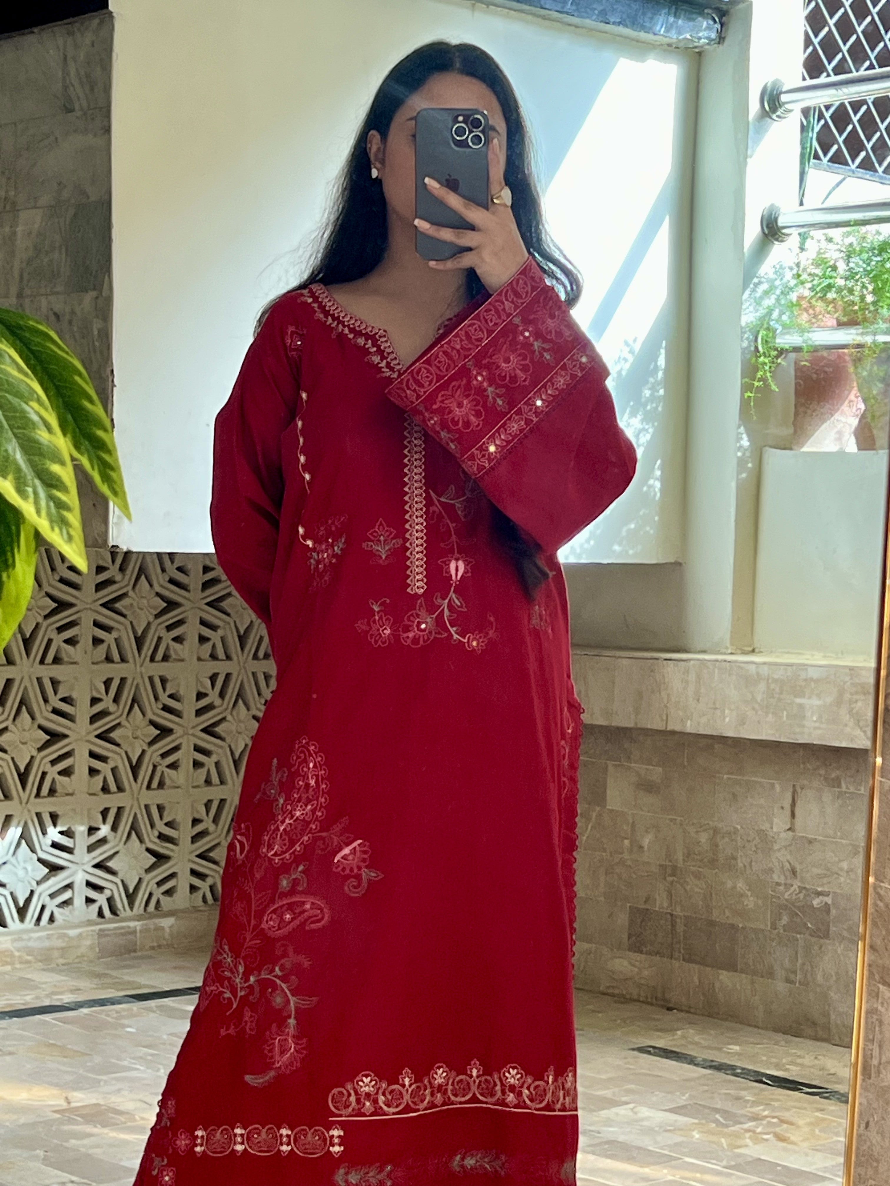 Anarkali: Deep Red Embroidered Three-Piece Suit