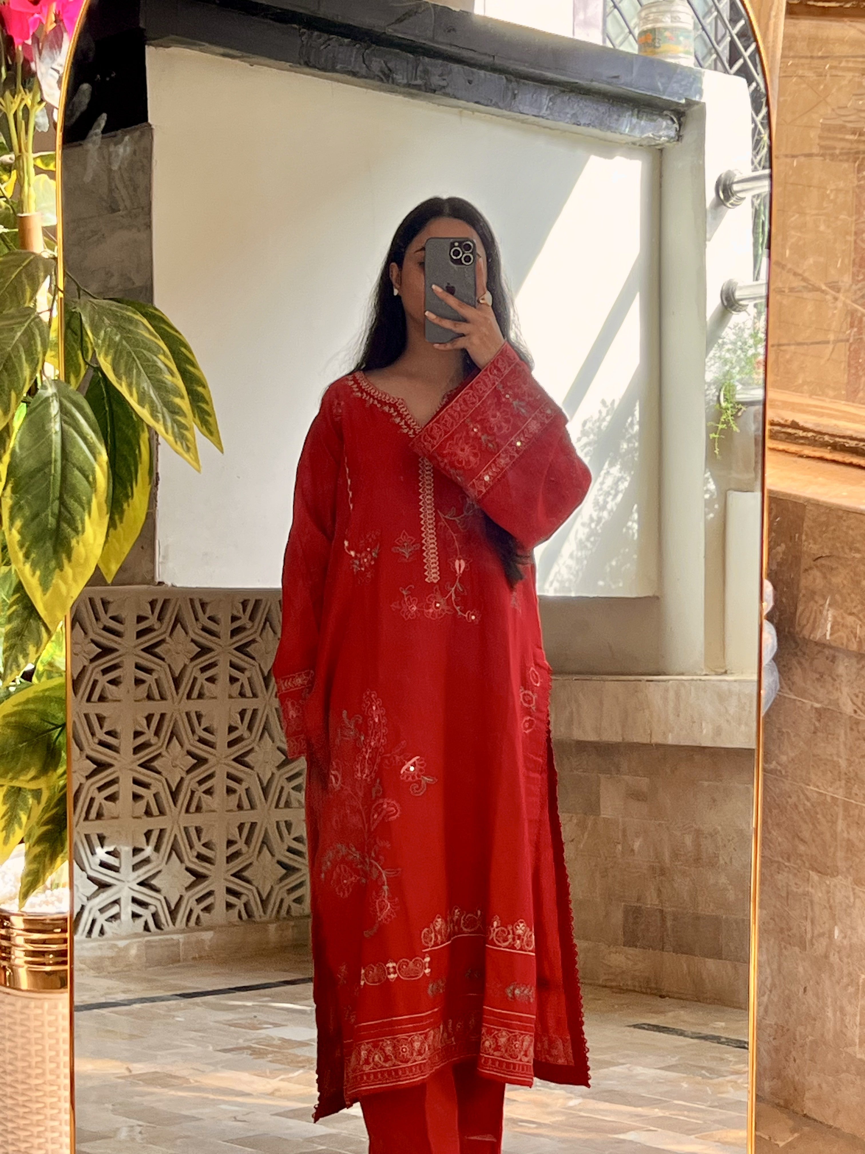 Anarkali: Deep Red Embroidered Three-Piece Suit