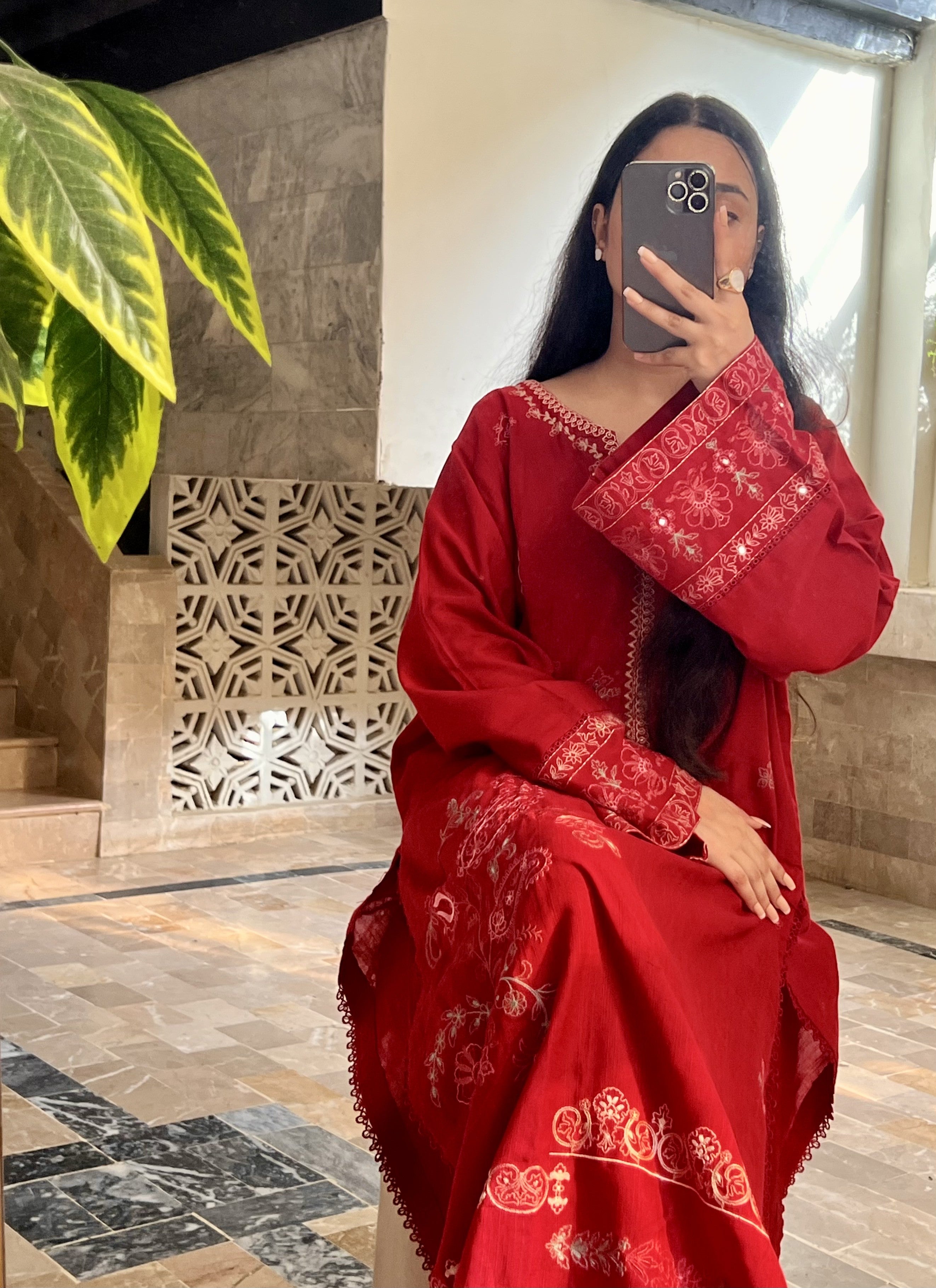 Anarkali: Deep Red Embroidered Three-Piece Suit