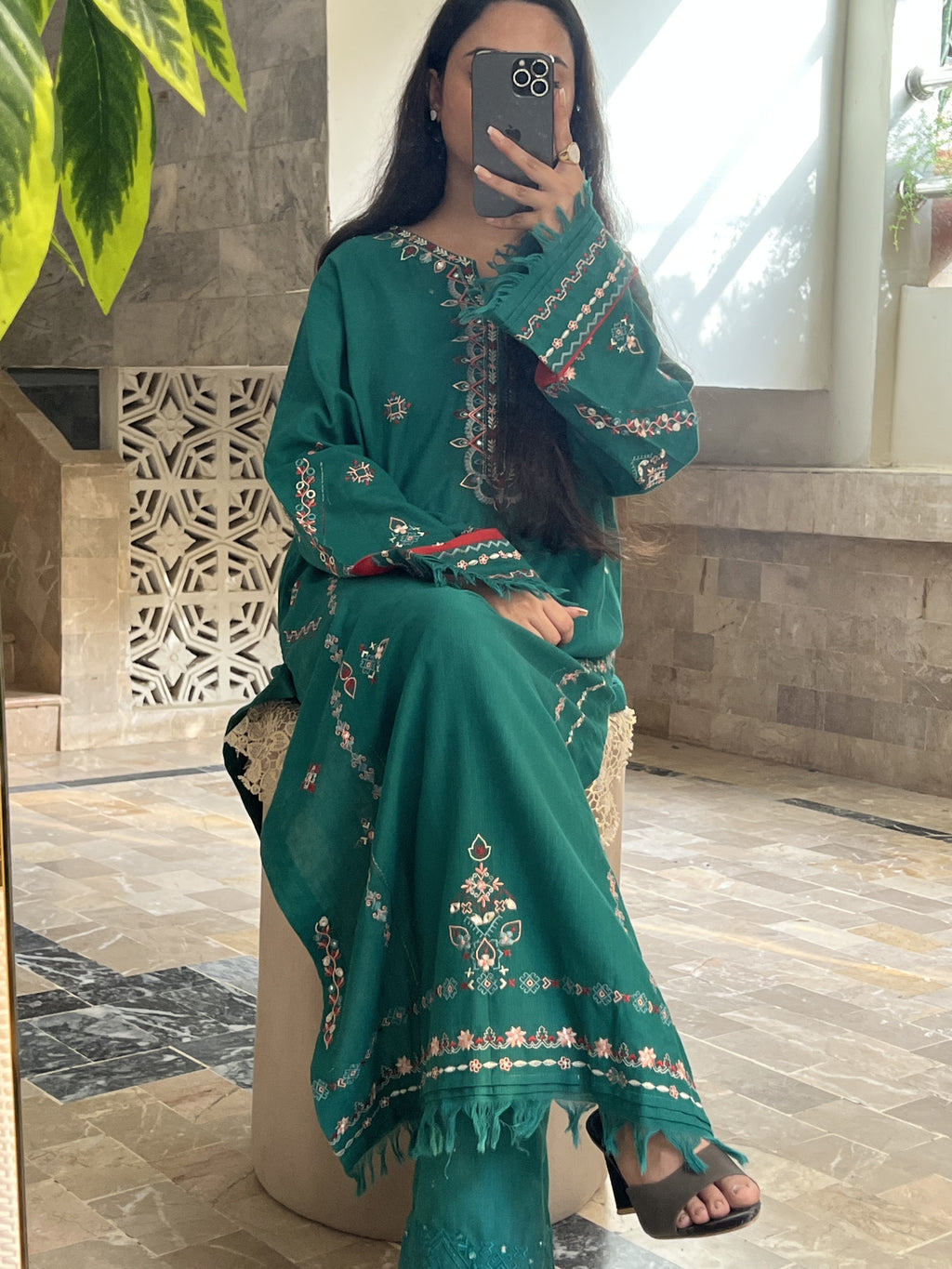 Zareen : Emerald Green Embroidered Three-Piece Suit