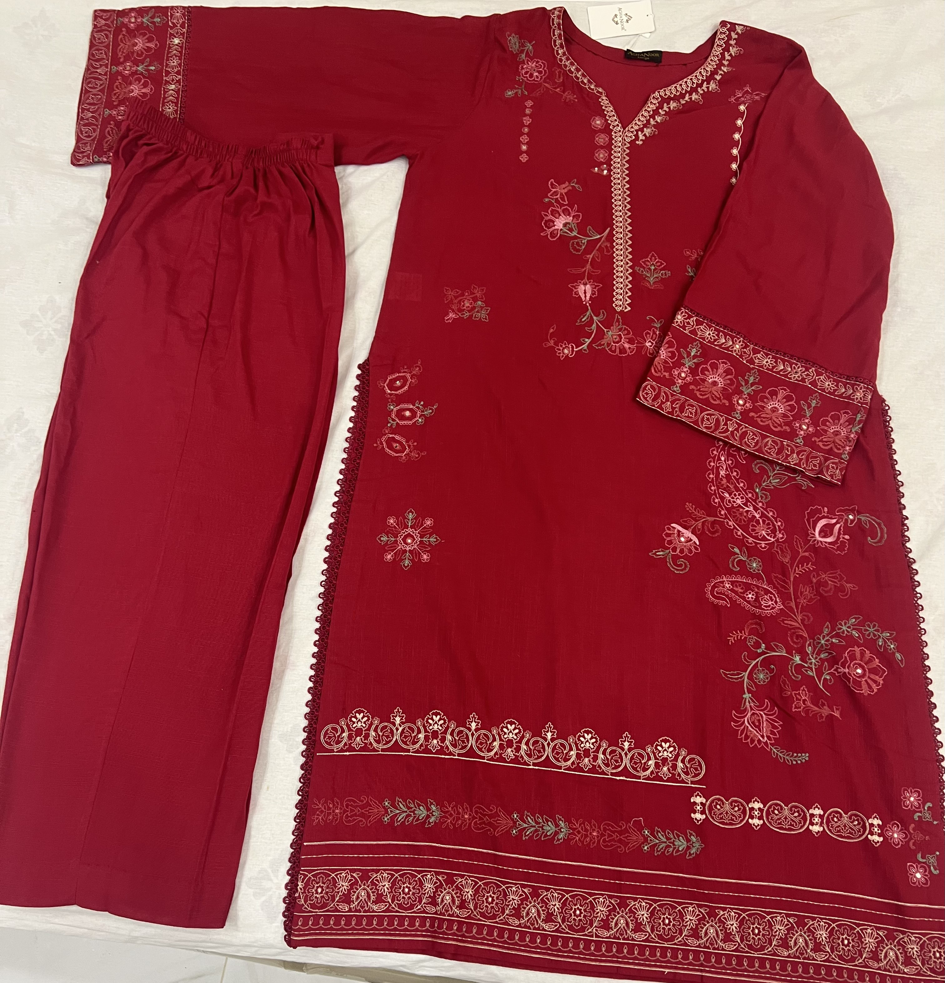 Mehrun : Deep Crimson Embroidered Three-Piece Suit