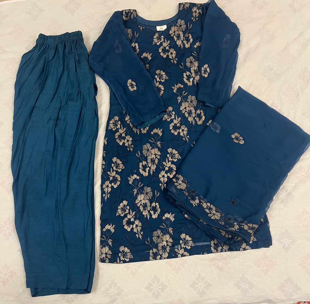 Neelam : Teal Blue Floral Jacquard Three-Piece Suit