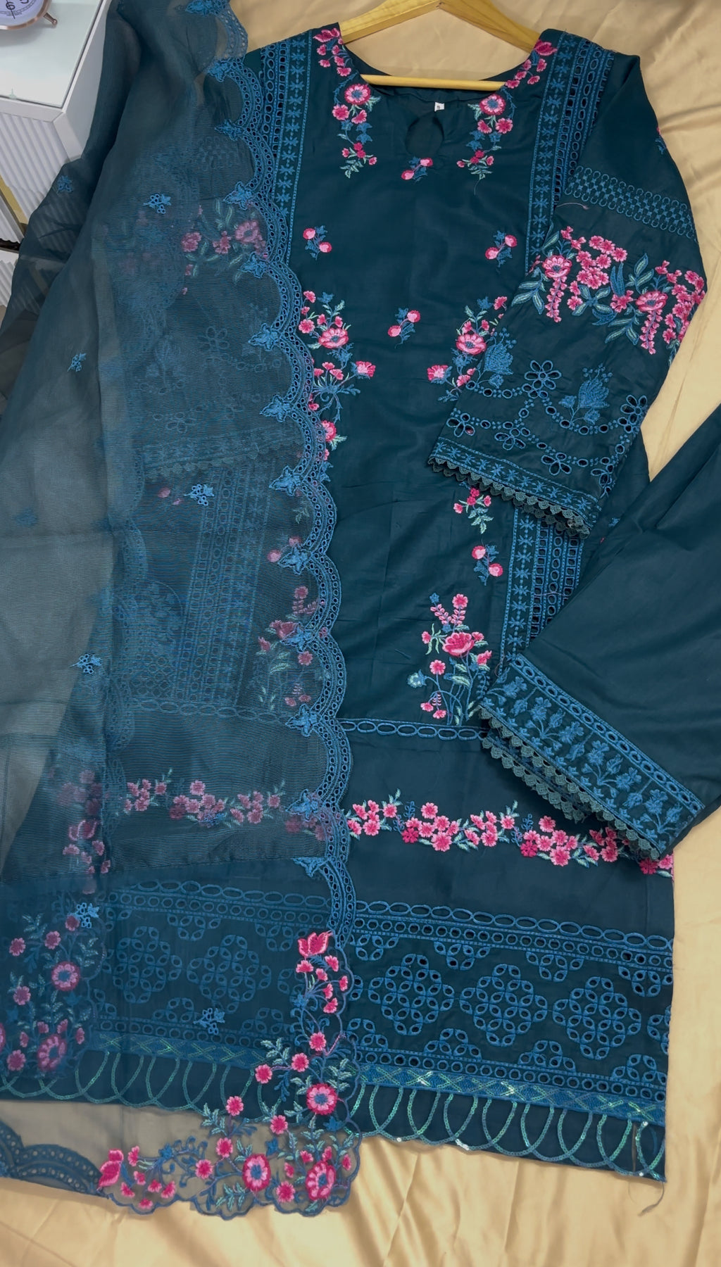 Feroza : Teal Blue Floral Embroidered Three-Piece Suit