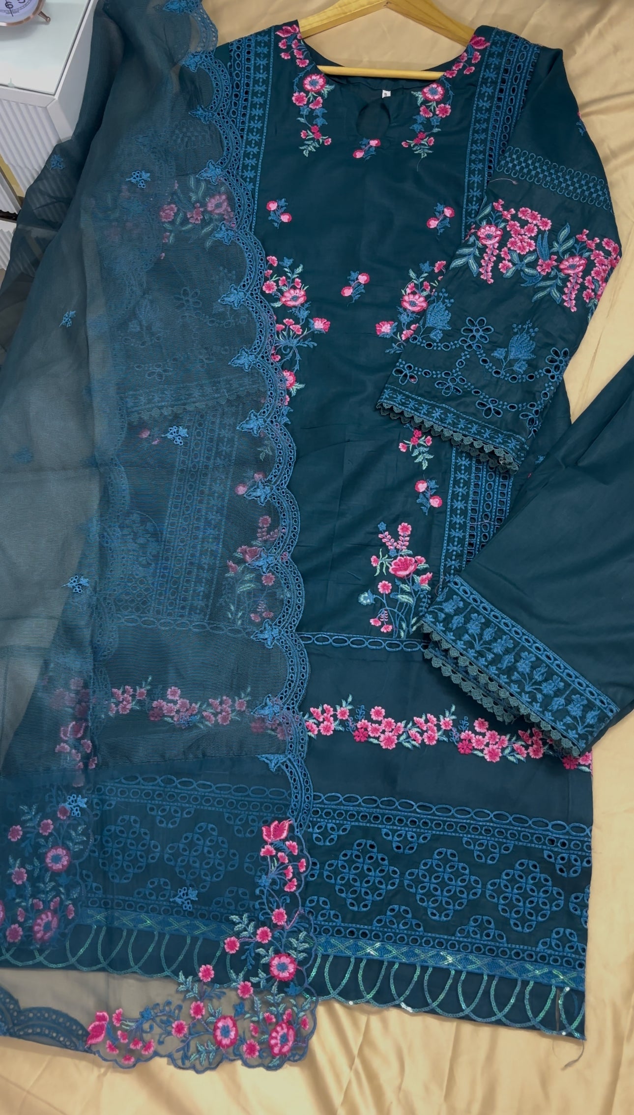 Feroza : Teal Blue Floral Embroidered Three-Piece Suit