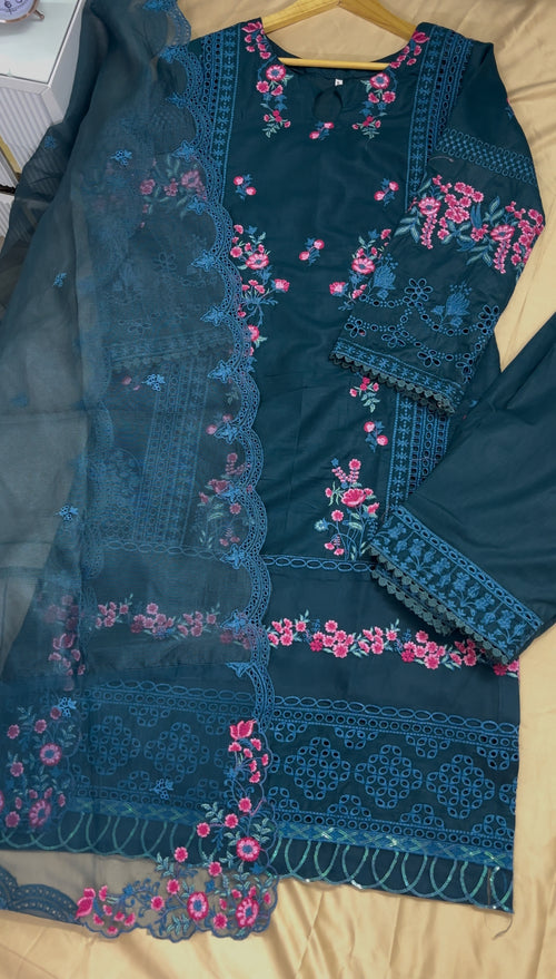 Feroza : Teal Blue Floral Embroidered Three-Piece Suit
