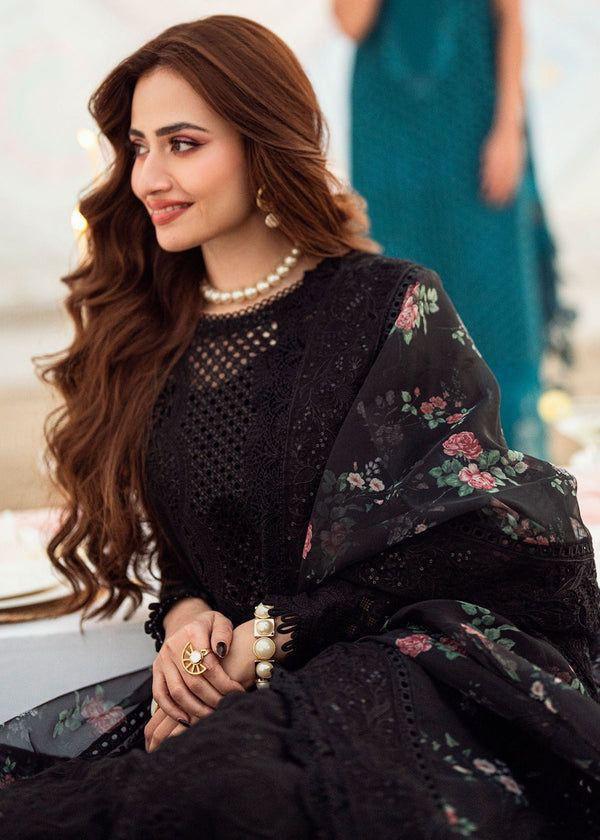 Noir Gul: Black Chikankari Suit with Floral Organza Dupatta