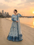 Neel Bahaar : White and Blue Embroidered Anarkali Suit with Dupatta