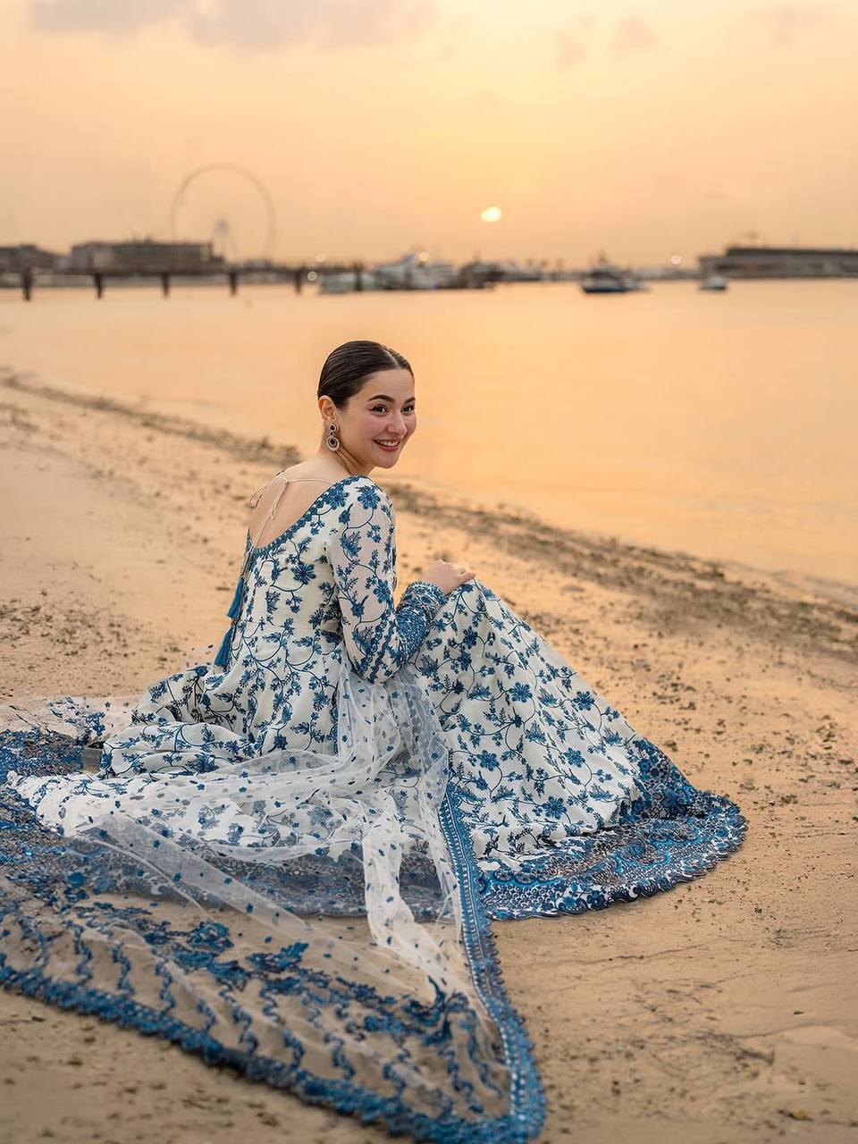 Neel Bahaar : White and Blue Embroidered Anarkali Suit with Dupatta