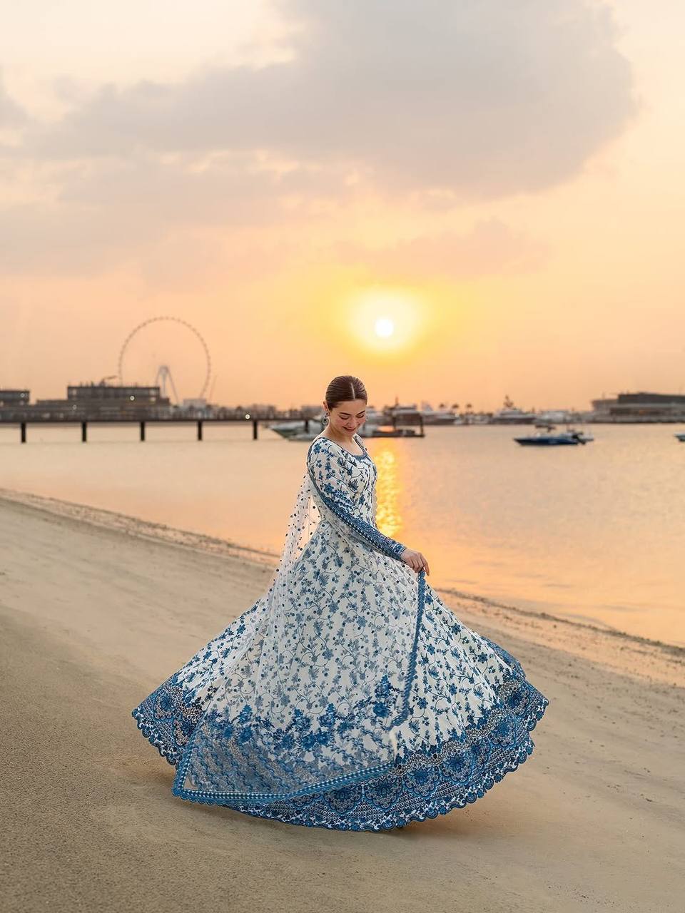 Neel Bahaar : White and Blue Embroidered Anarkali Suit with Dupatta