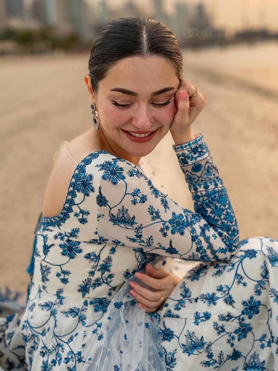 Neel Bahaar : White and Blue Embroidered Anarkali Suit with Dupatta