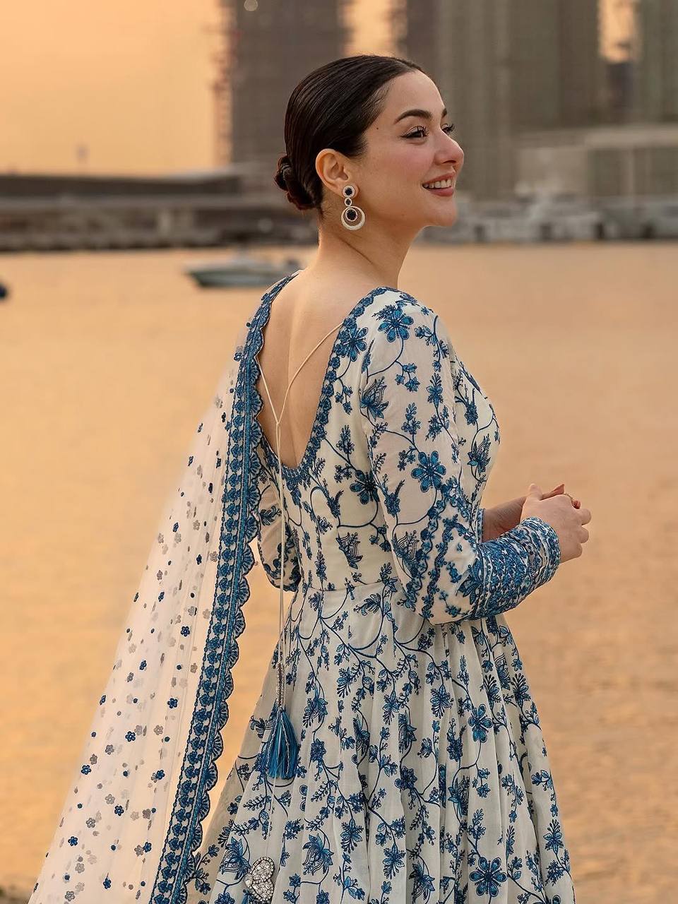 Neel Bahaar : White and Blue Embroidered Anarkali Suit with Dupatta