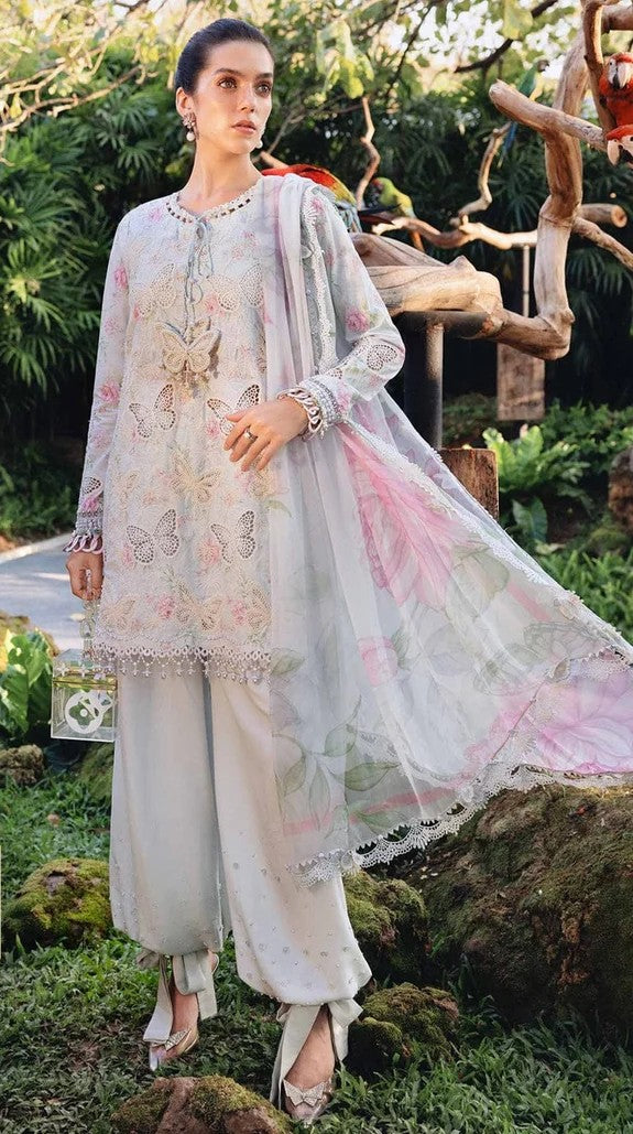 Gulpari : Powder Blue Floral Embroidered Suit with Butterfly Detail Dupatta