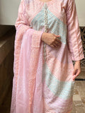 Pastel Gul : Pink and Mint Schiffli Embroidered Suit with Pearl Detail