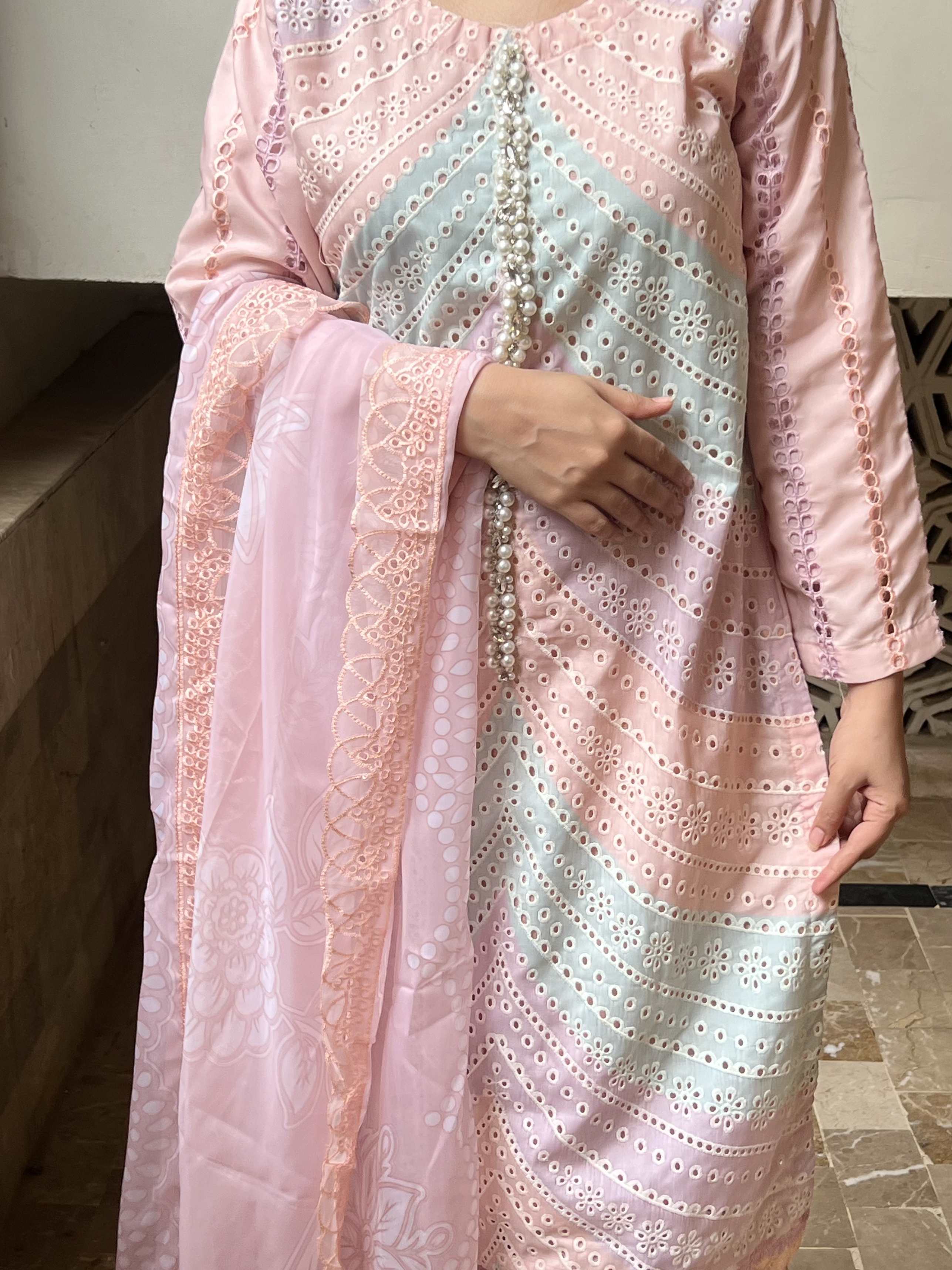 Pastel Gul : Pink and Mint Schiffli Embroidered Suit with Pearl Detail