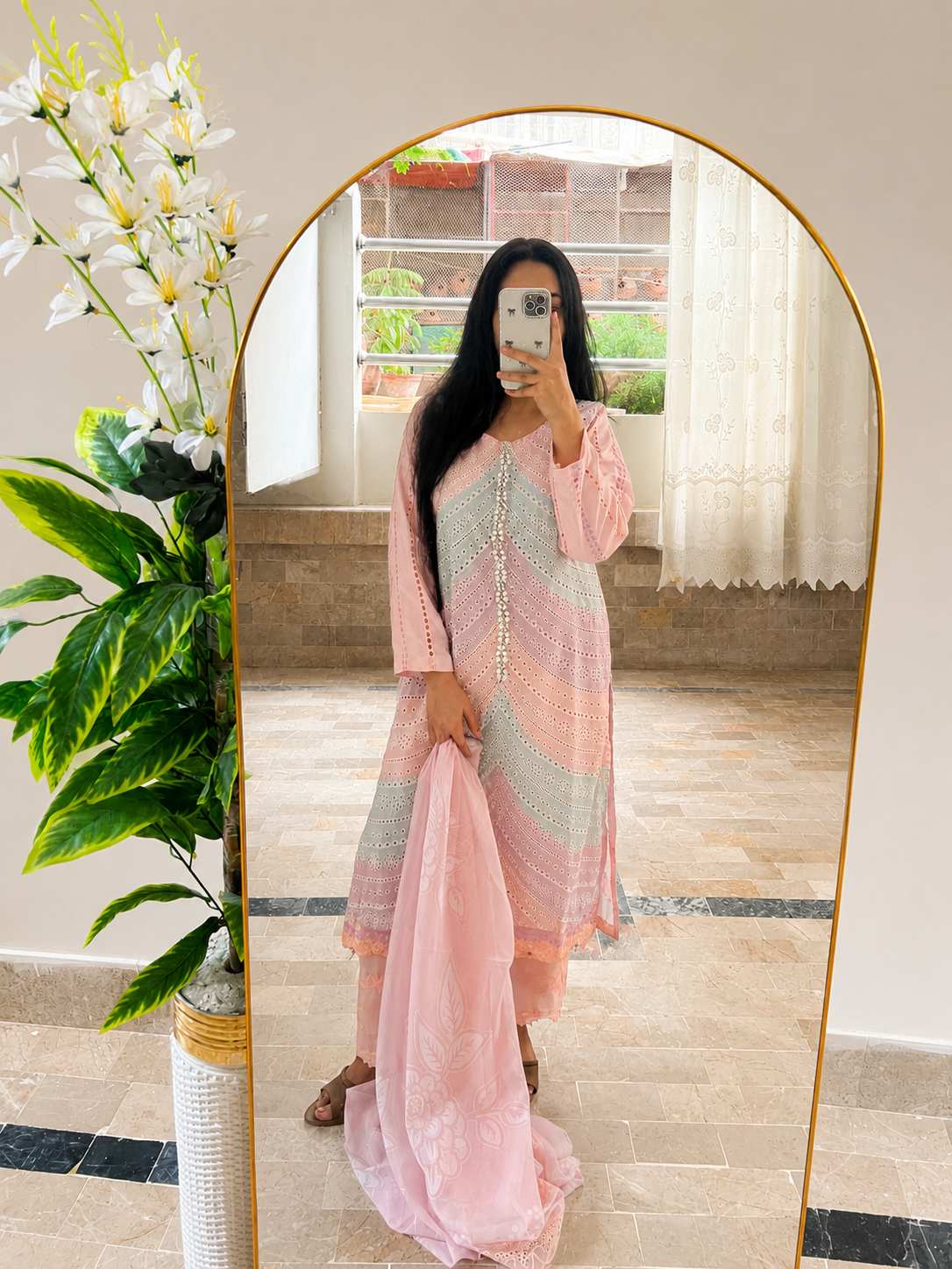 Pastel Gul : Pink and Mint Schiffli Embroidered Suit with Pearl Detail