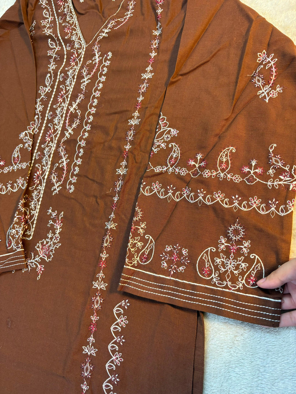 Meher : Mocha Brown Embroidered Three-Piece Suit