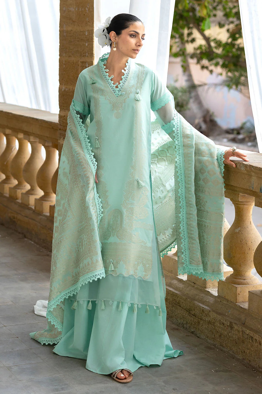 GulAhmed Ideas – Mint Green 3 Piece Jacquard Suit with Dupatta