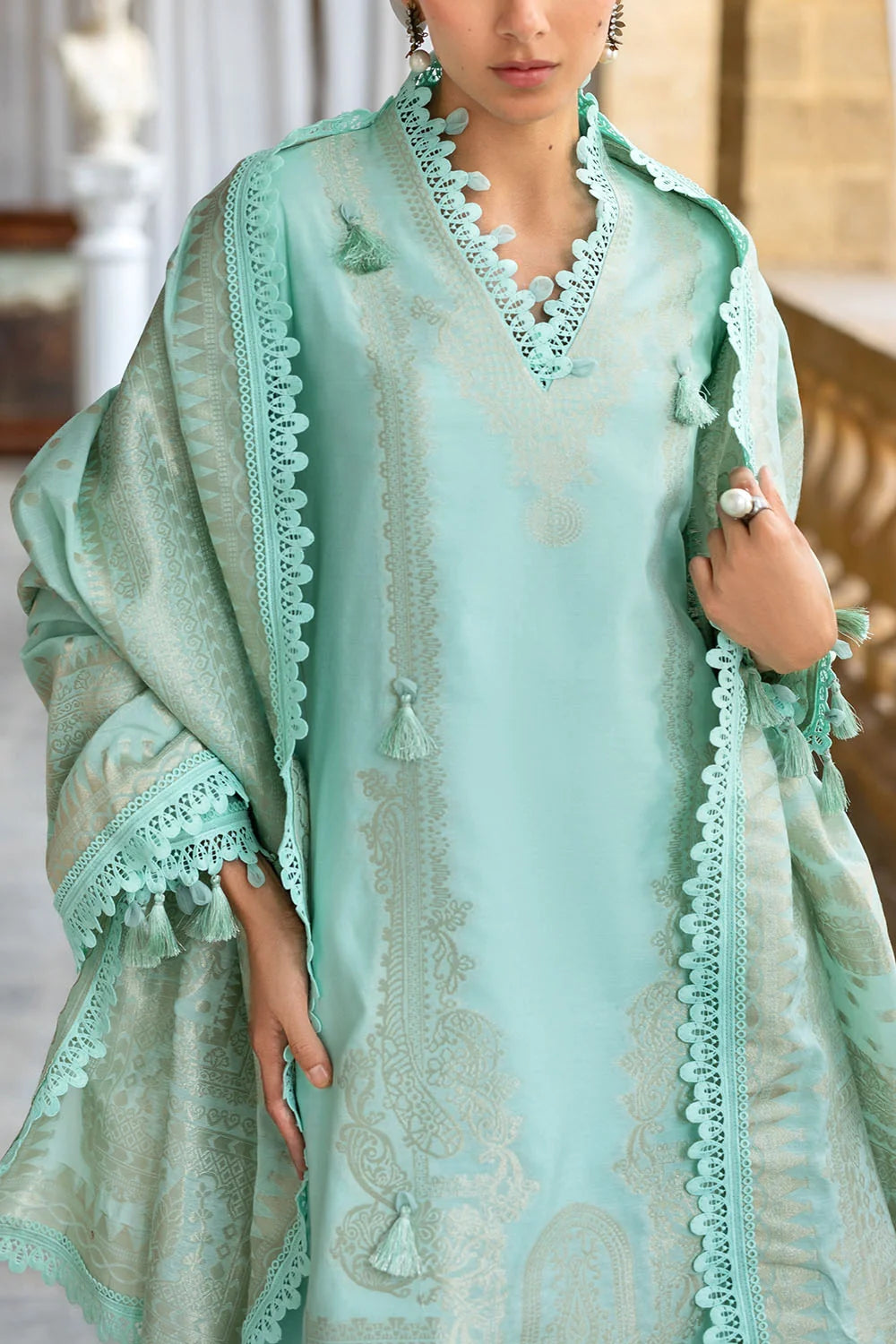 GulAhmed Ideas – Mint Green 3 Piece Jacquard Suit with Dupatta