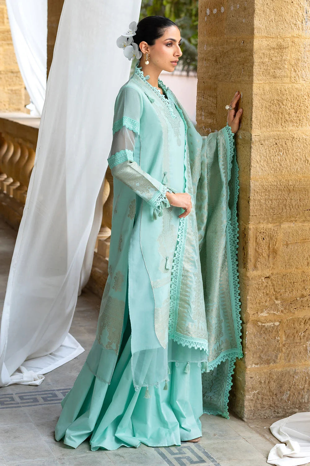 GulAhmed Ideas – Mint Green 3 Piece Jacquard Suit with Dupatta
