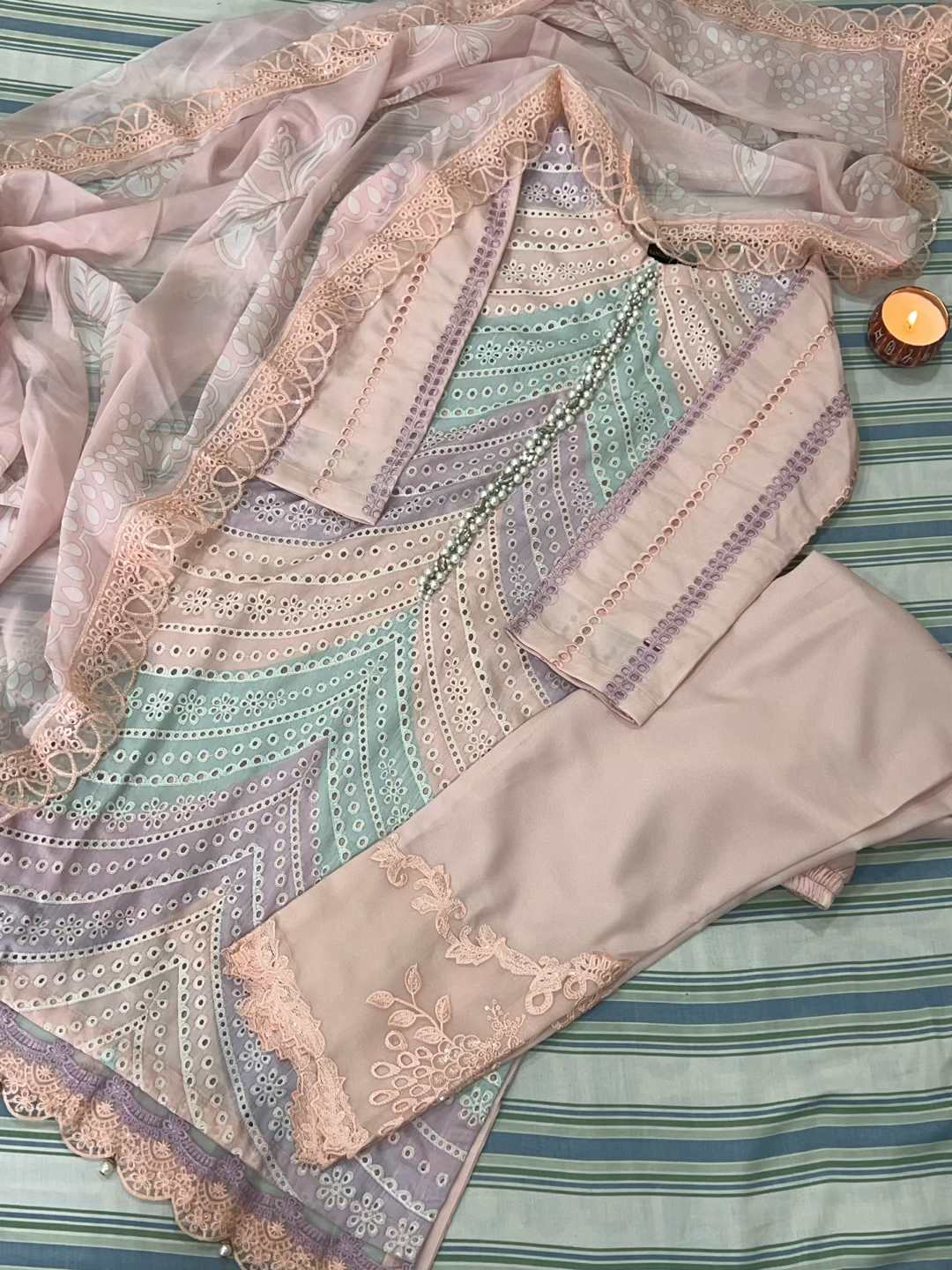 Pastel Gul : Pink and Mint Schiffli Embroidered Suit with Pearl Detail